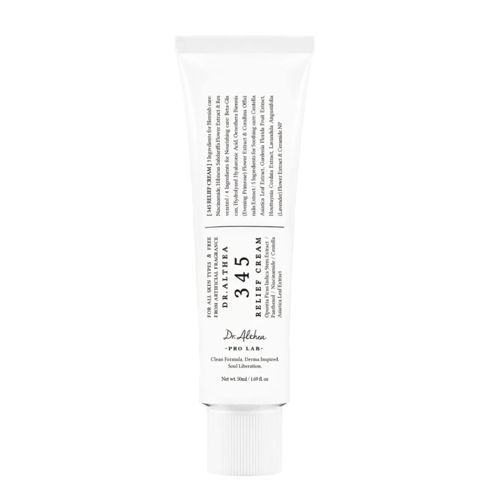 Un tube blanc Dr. Althea 345 Relief Cream avec une étiquette détaillée.