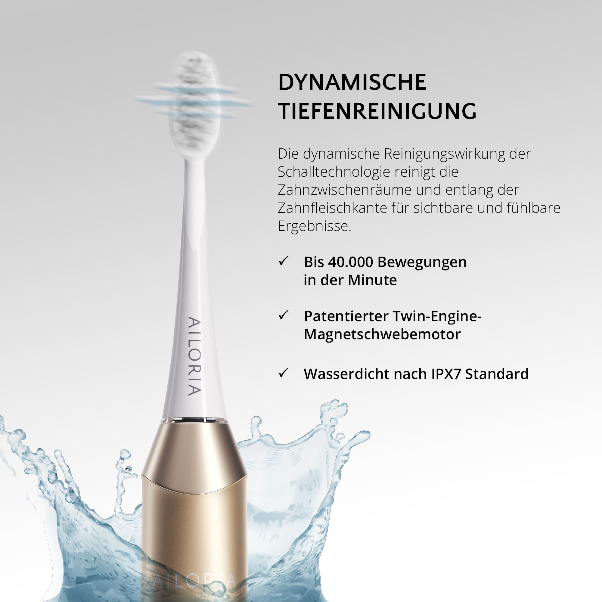 Brosse à dents dorée avec eau. Nettoyage en profondeur dynamique. Texte en allemand.