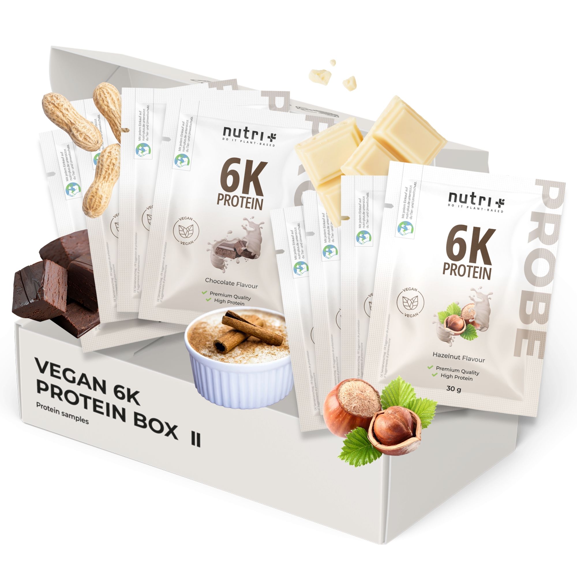 Boîte d'échantillons de protéines. Contient des sachets de 6K Protein, cacahuètes, chocolat et chocolat blanc.