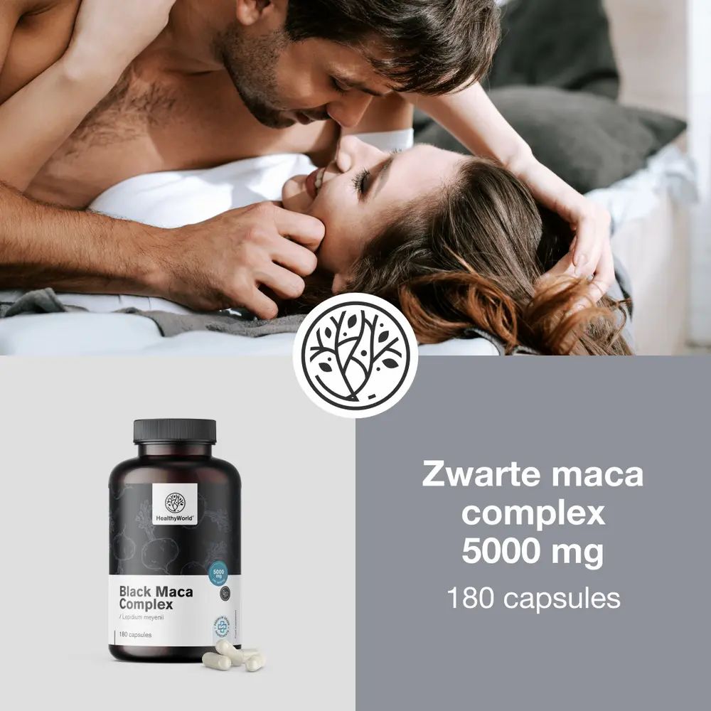 Productafbeelding met tekst: Zwarte maca complex 5000 mg, 180 capsules. Logo: HealthyWorld. Paar in bed.