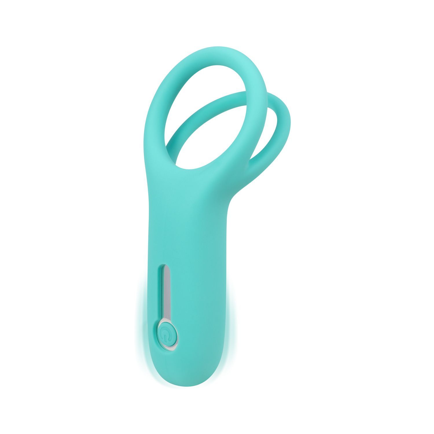Turquoise ringvibrator met twee ringen en een knop. Met een langwerpige sleuf.