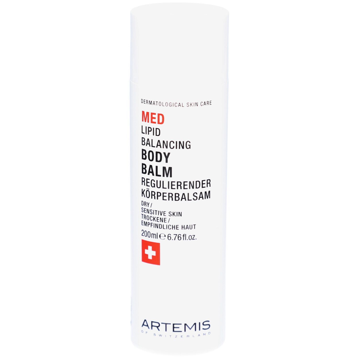 Witte fles met rode en zwarte tekst. MED Lipid Balancing Body Balm. Zwitsers kruis. 200ml.