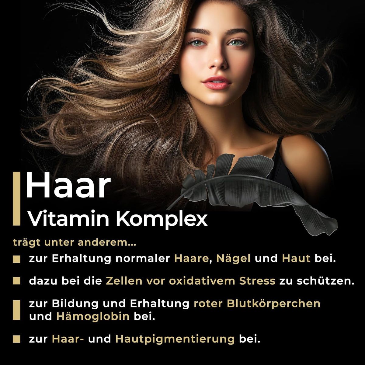 Reclamebeeld met vrouw. Tekst: Haar Vitamin Komplex. Draagt bij tot behoud van normaal haar, nagels en huid. Zwarte achtergrond.