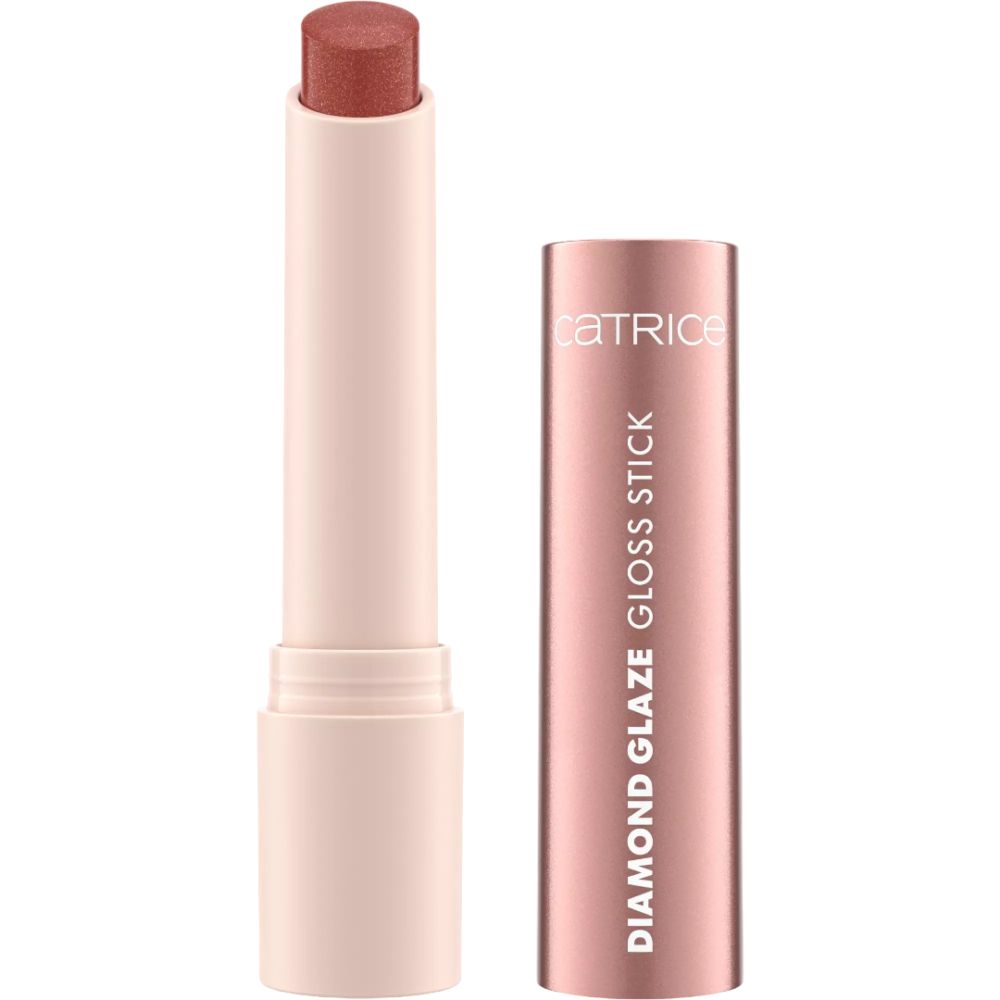 Catrice Diamond Glaze Gloss Stick. Roze lipstick met roségouden huls. Dop met tekst.