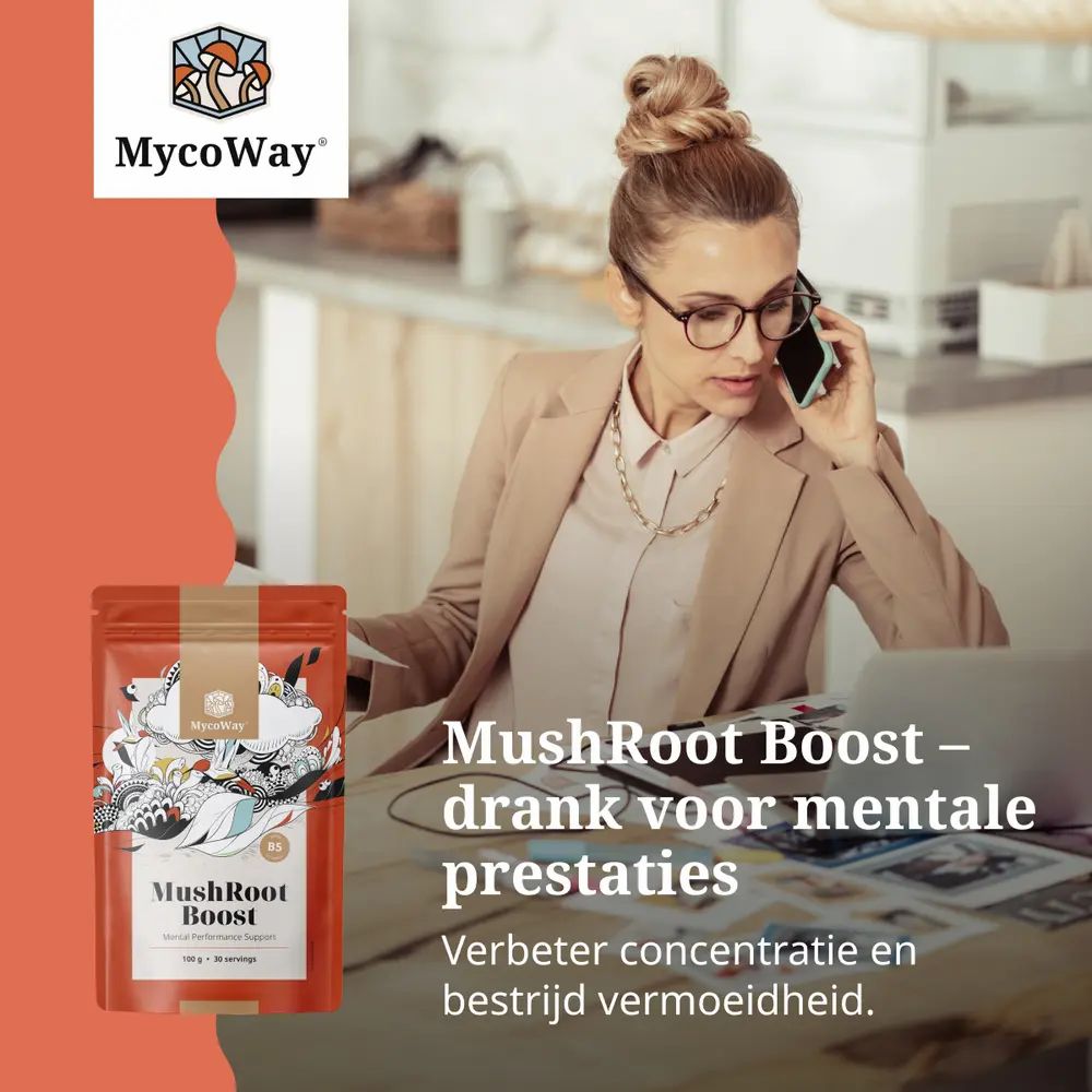 Vrouw aan de telefoon met MycoWay MushRoot Boost. Tekst: Drank voor mentale prestaties. Concentratie.