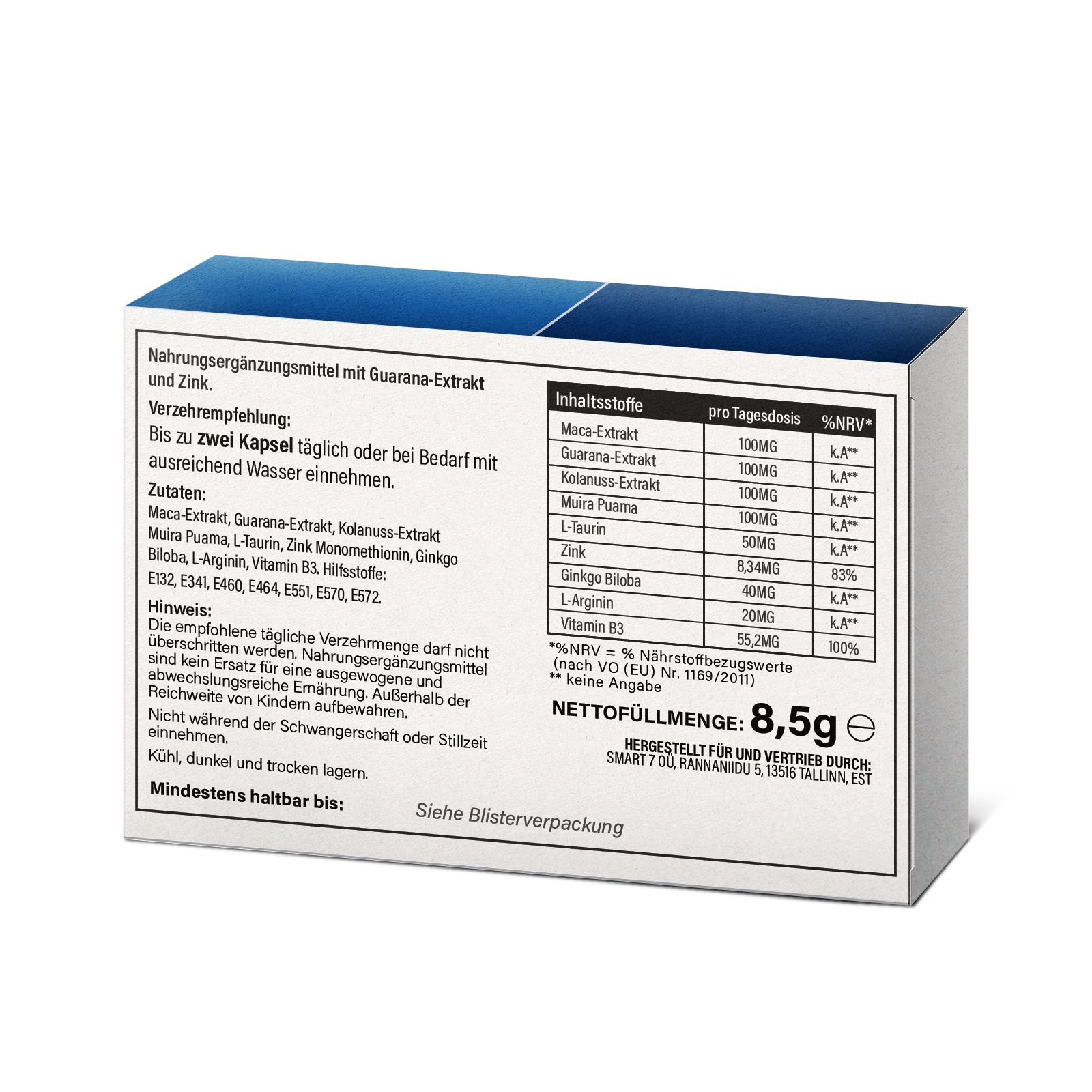 Complément alimentaire avec extrait de guarana et zinc. Tableau des valeurs nutritionnelles par dose quotidienne.