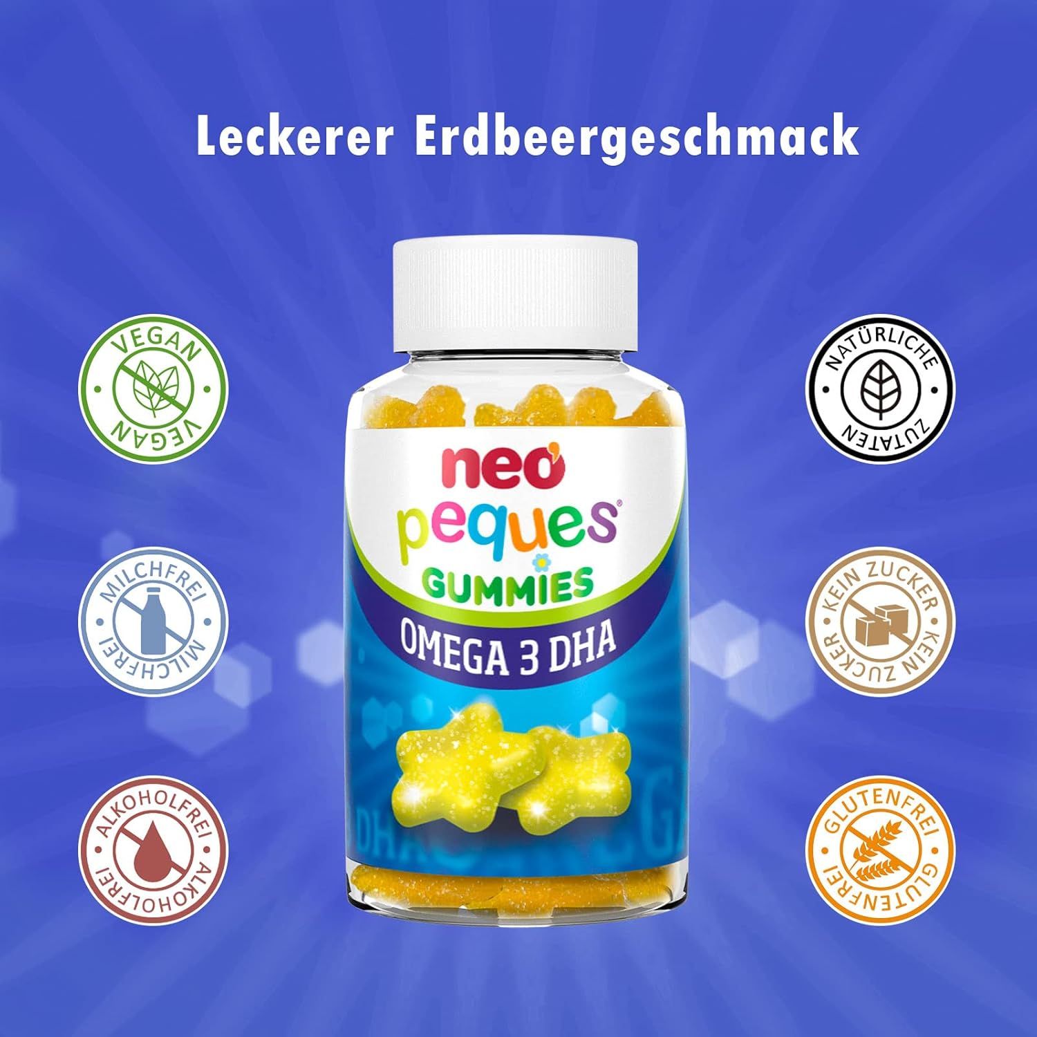Fles Neo Peques Omega 3 DHA Gummies met zegels: Vegan, natuurlijk, suikervrij, glutenvrij, zuivelfrei, alcoholvrij.