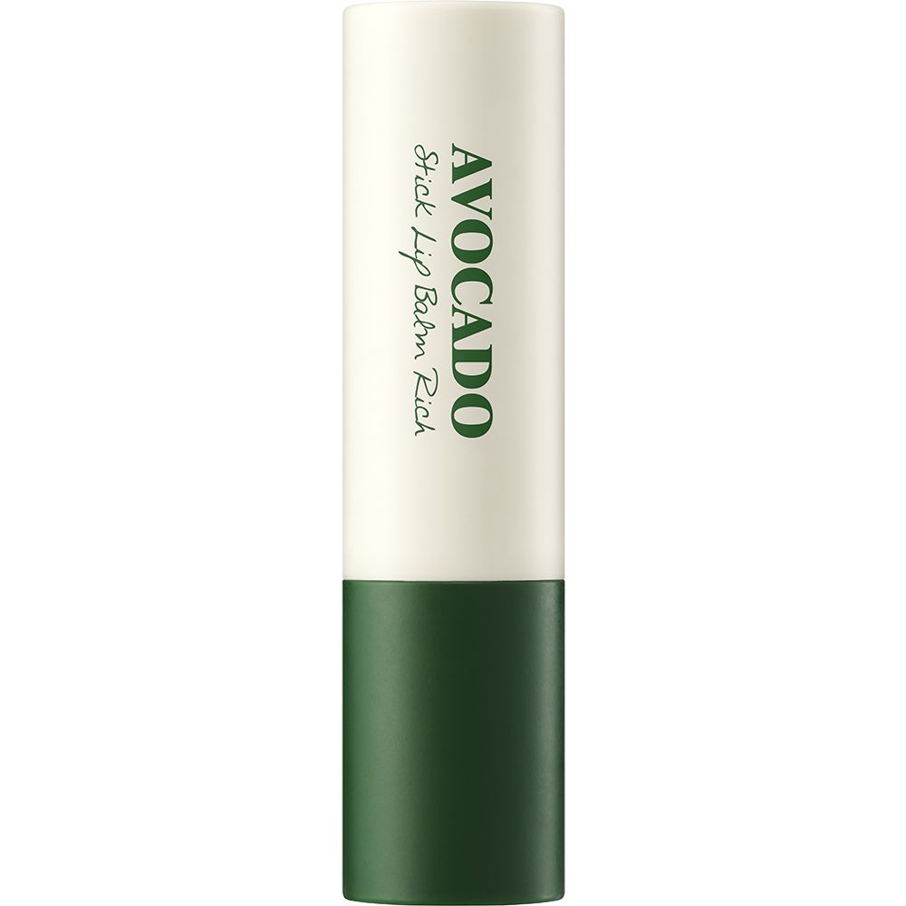 Lipbalm-stick met wit bovenstuk en groen onderstuk. Opschrift: Avocado Stick Lip Balm Rich.