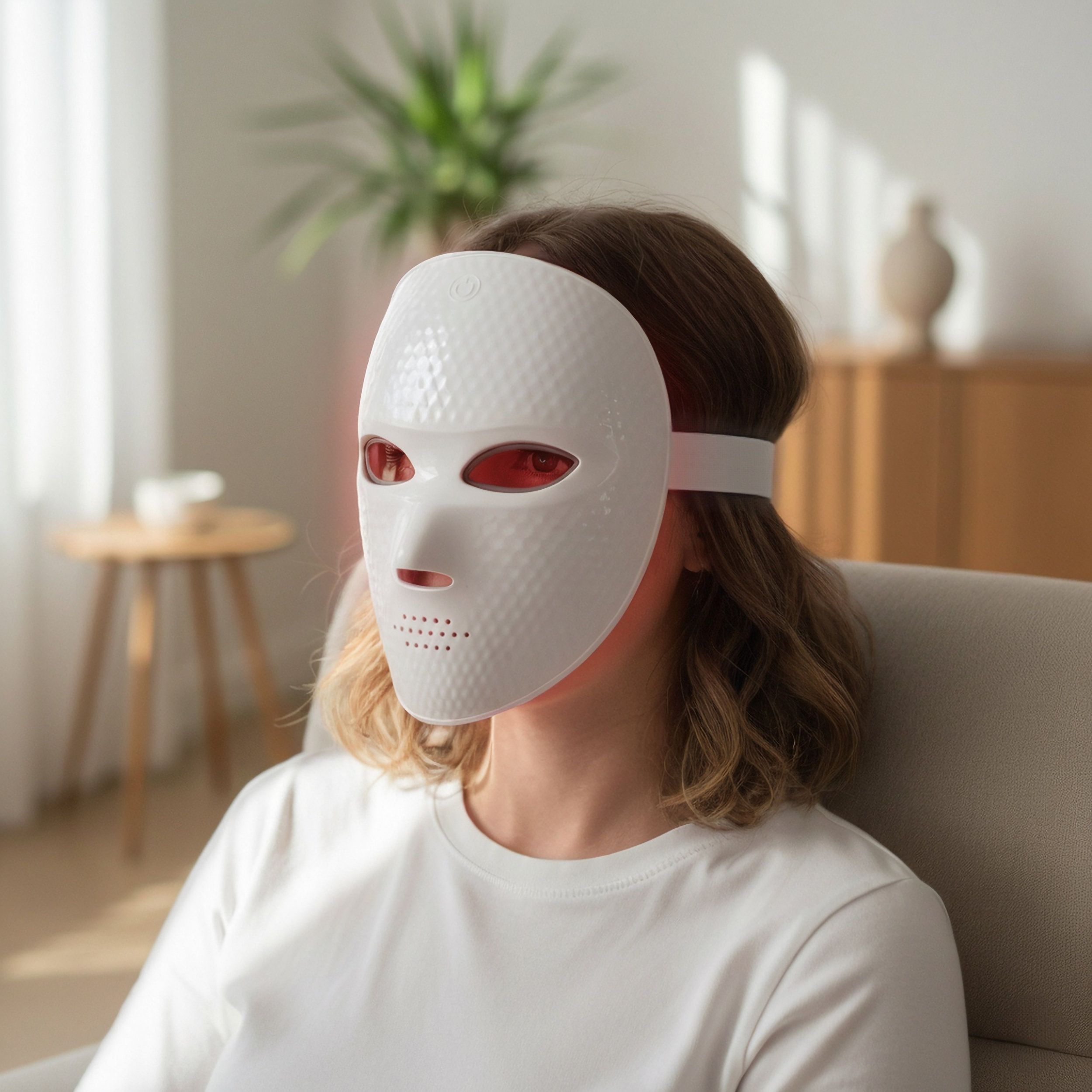 Femme portant un masque facial LED blanc. Masque avec trous et lumières rouges. La femme est assise.