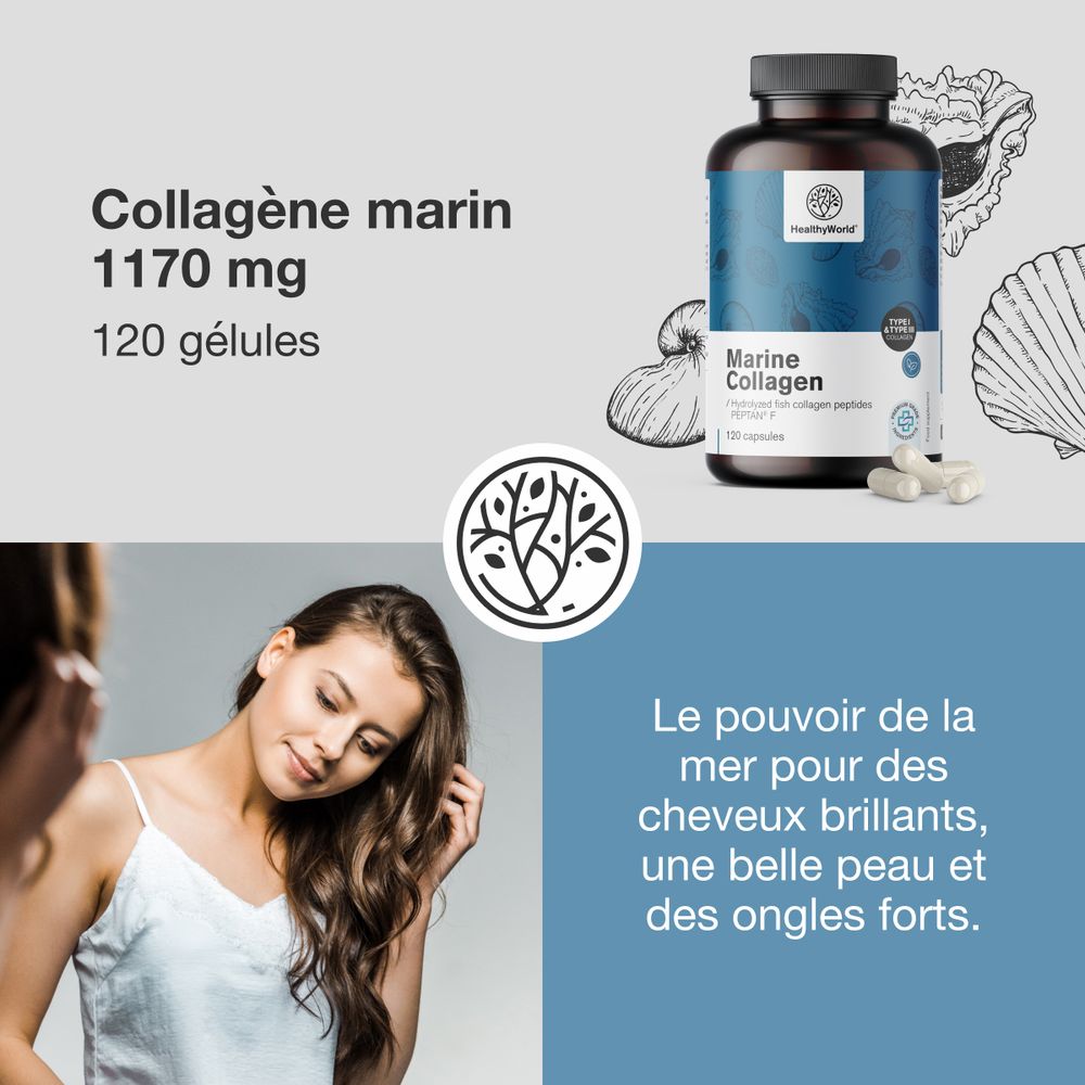 Flacon avec texte: Collagène marin 1170 mg, 120 gélules. Logo: HealthyWorld. Femme touche ses cheveux.