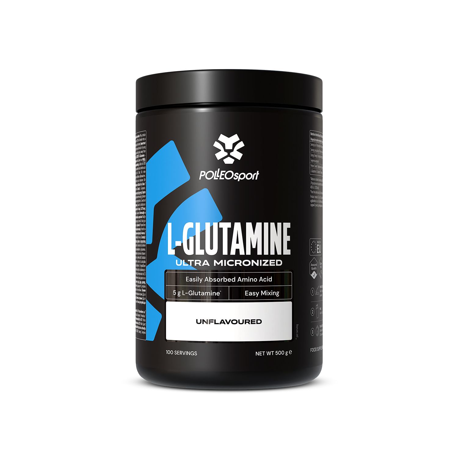 Zwarte container met L-Glutamine poeder. Bevat 5g L-Glutamine per portie, ultra gemicroniseerd, ongeflavoured.