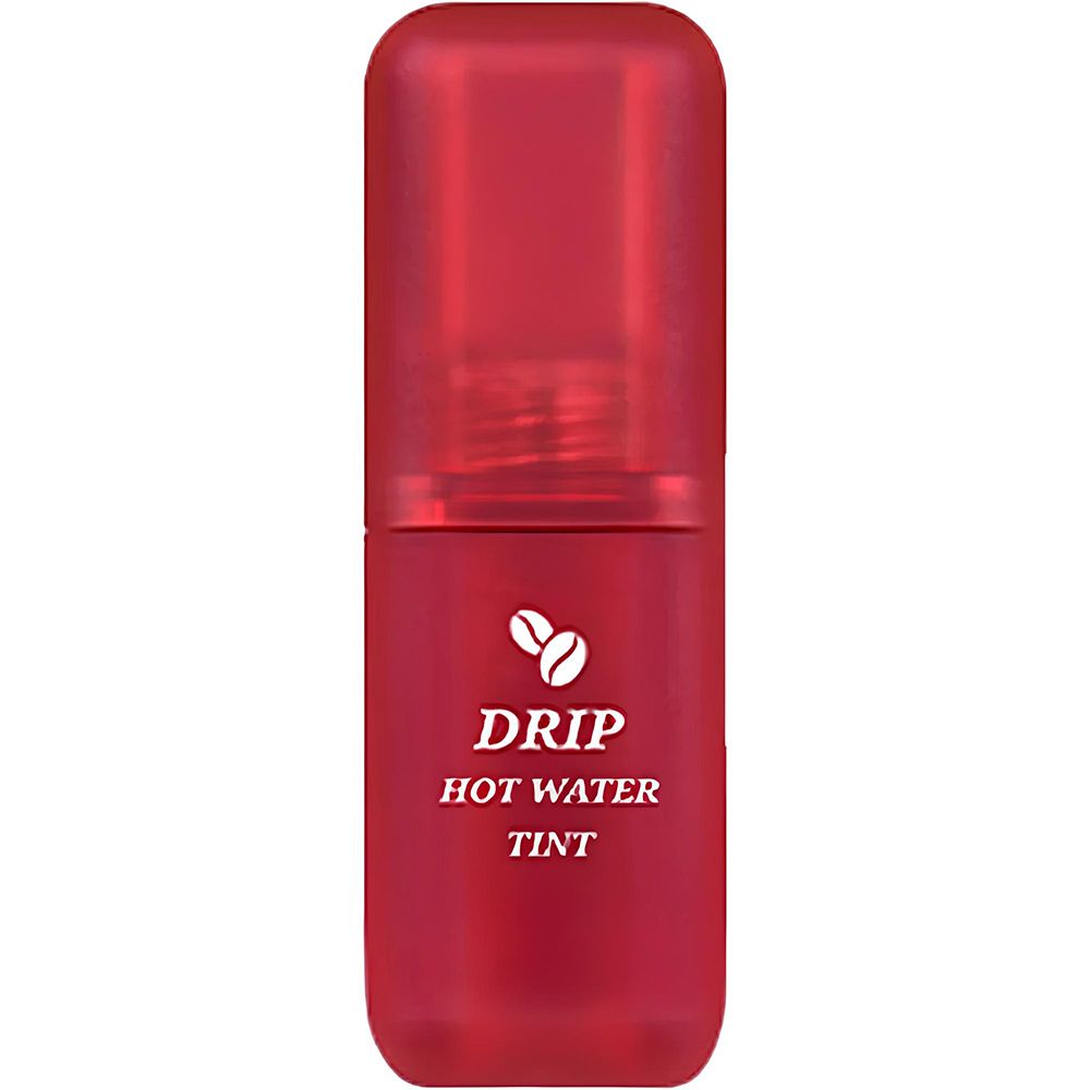 Récipient de rouge à lèvres rouge avec couvercle. Inscription : Drip Hot Water Tint. Symbole de grains de café.