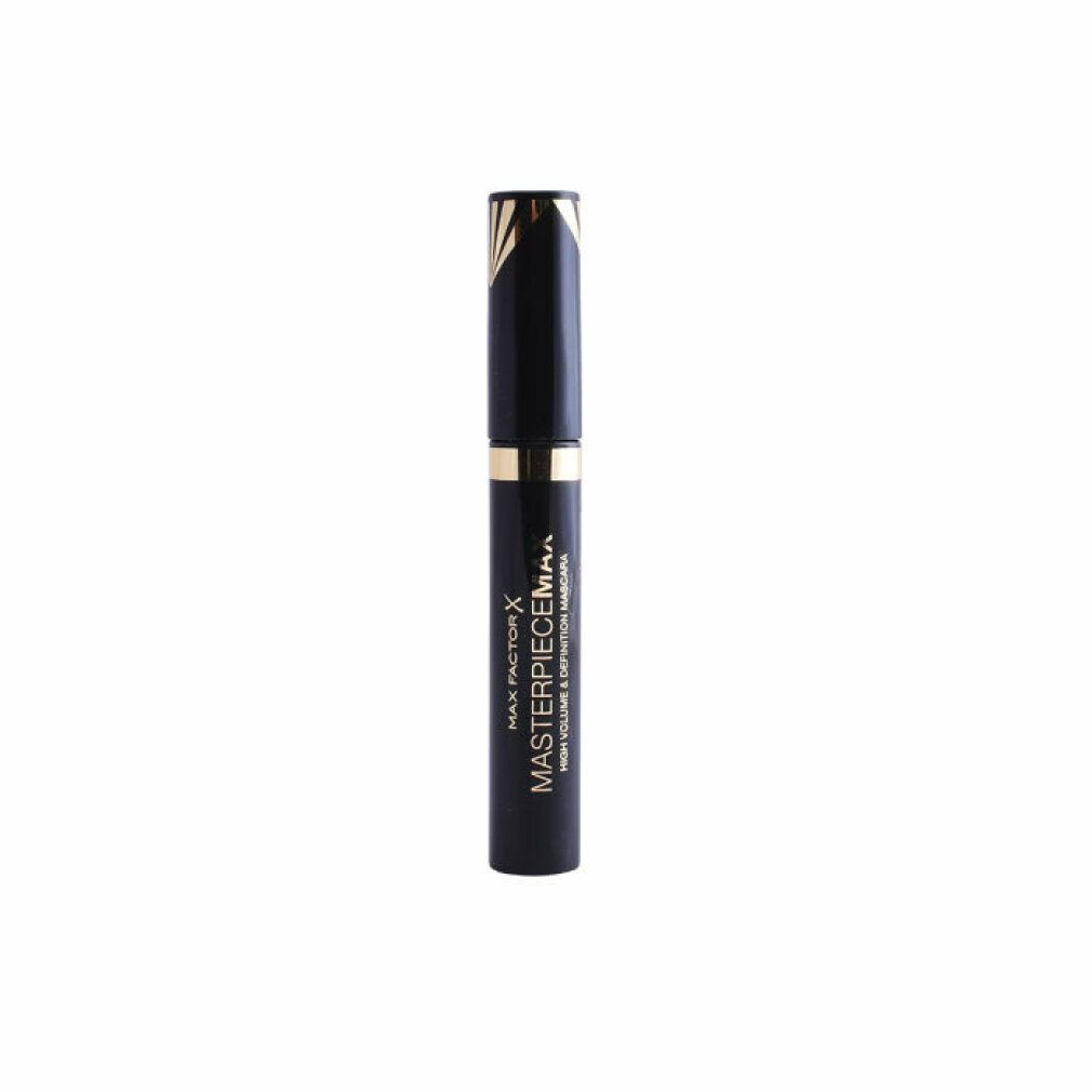 Tube de mascara noir avec détails dorés et texte. Nom du produit: MASTERPIECEMAX.
