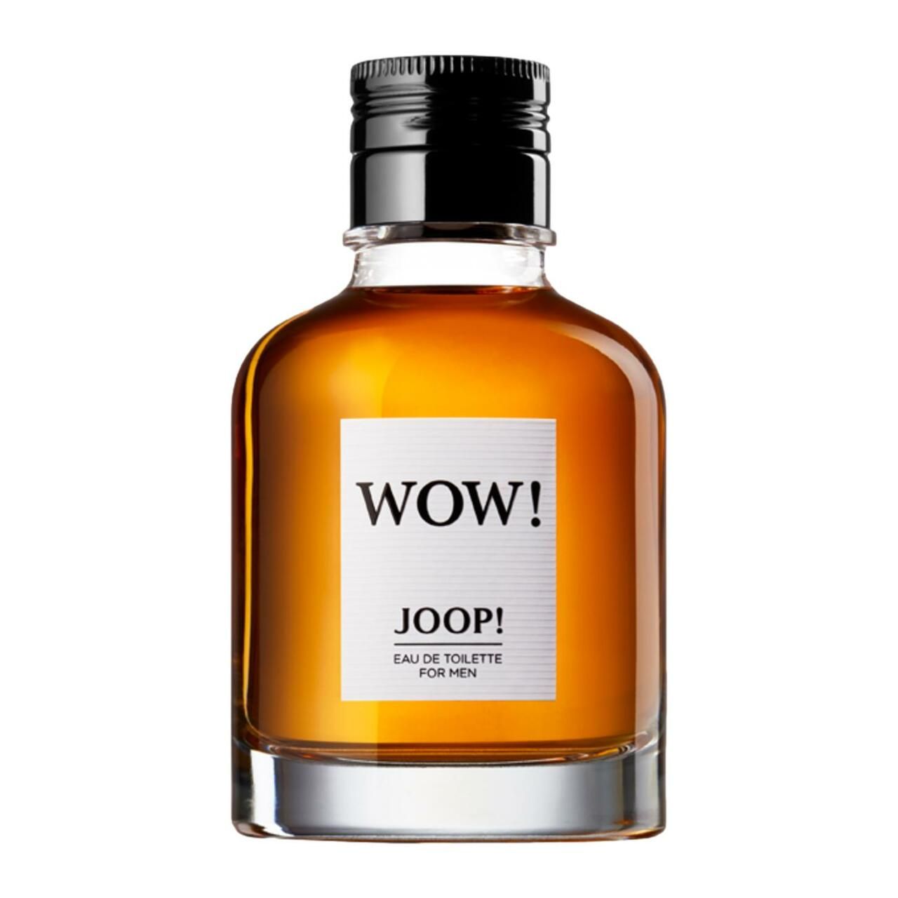 Flacon Joop! Wow EdT. Flacon avec bouchon noir, texte blanc "WOW!" et "JOOP!".