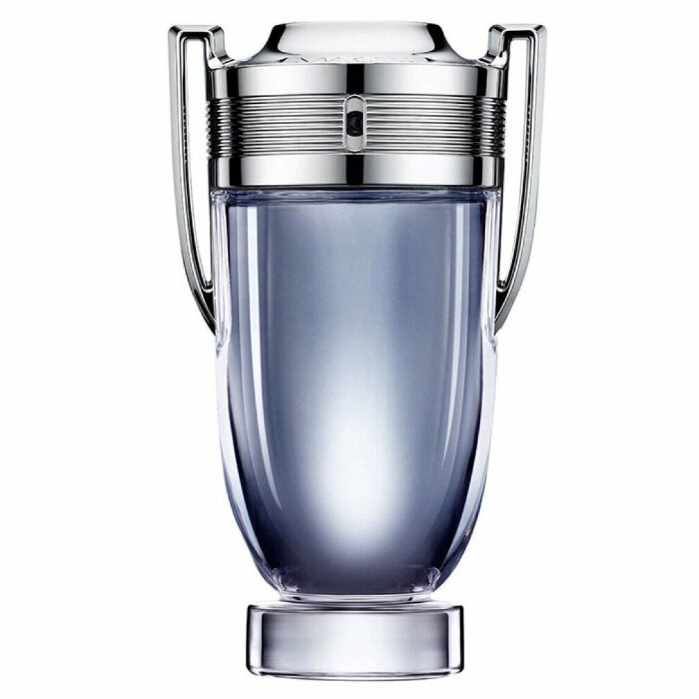 Flacon de parfum en verre, bouchon et poignées argentés. Liquide bleu. Sur fond blanc.