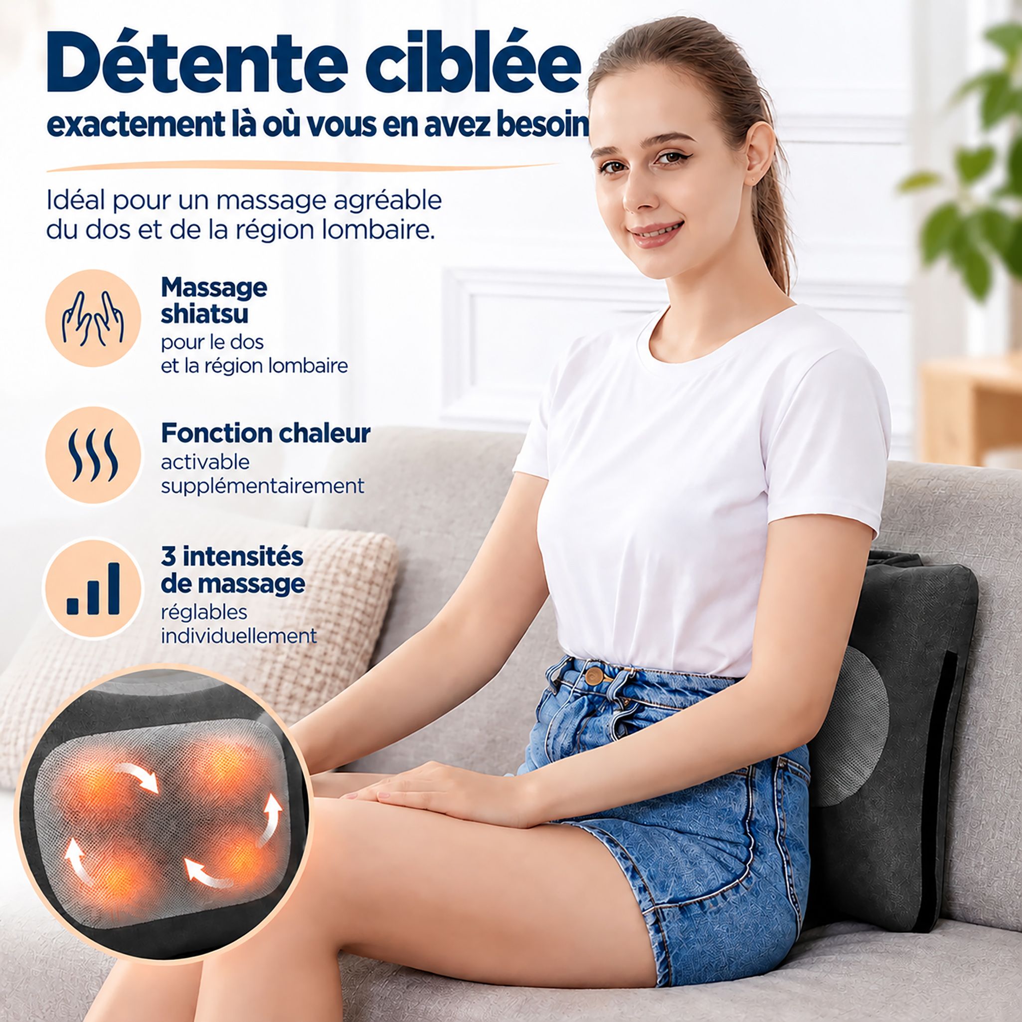 Une femme assise sur un canapé avec un coussin de massage Shiatsu dans le dos, promu pour le massage du dos et lombaire.