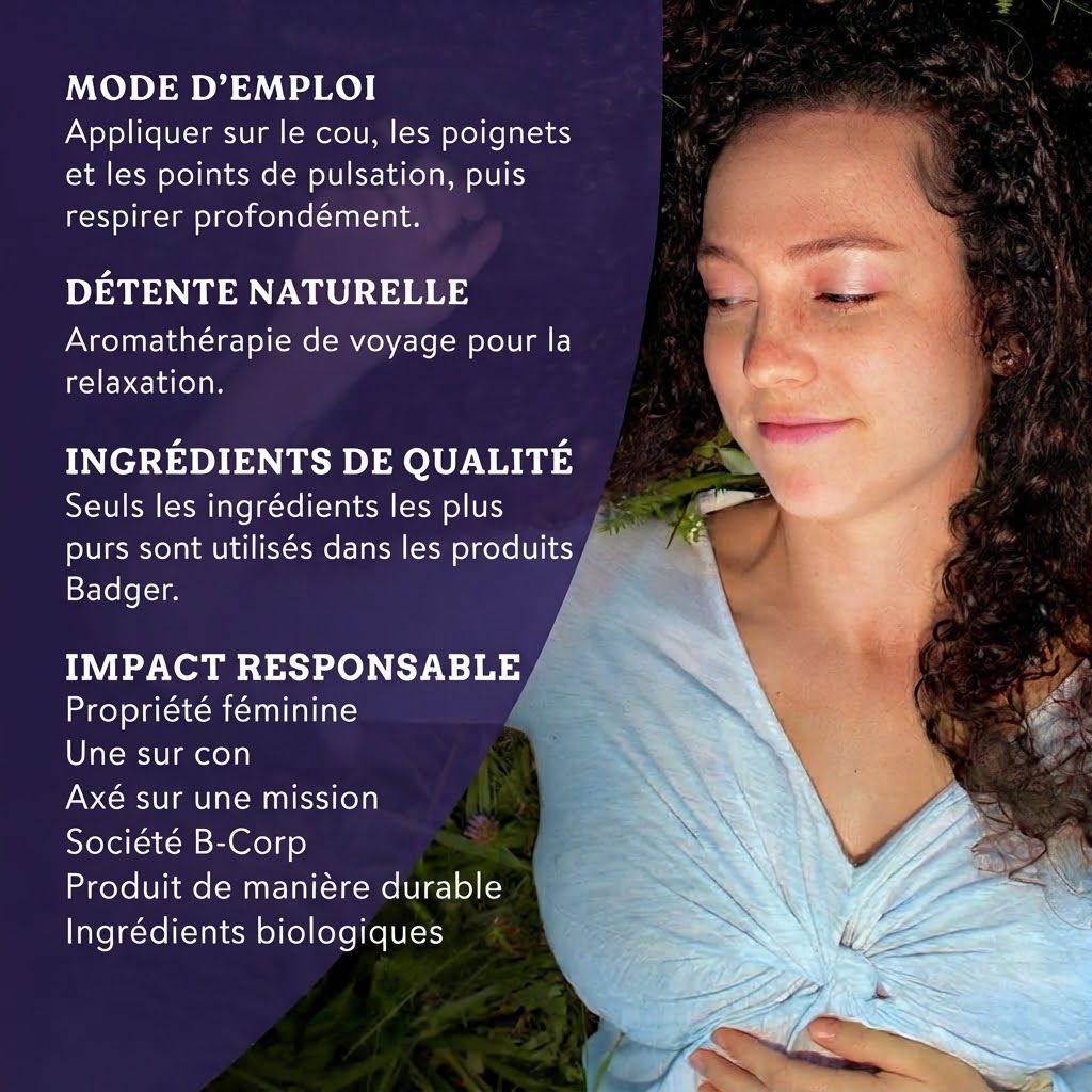 Femme aux yeux fermés, détendue. Texte sur la relaxation naturelle et les ingrédients.