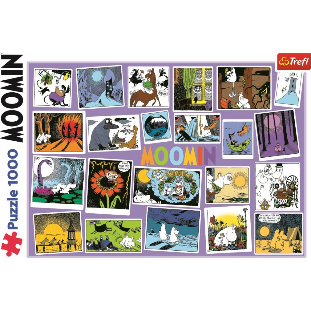 Puzzeldoos met Moomin-motieven. Afbeeldingen van scènes uit de Moomin-wereld. Merk Trefl. Puzzel van 1000 stukjes.