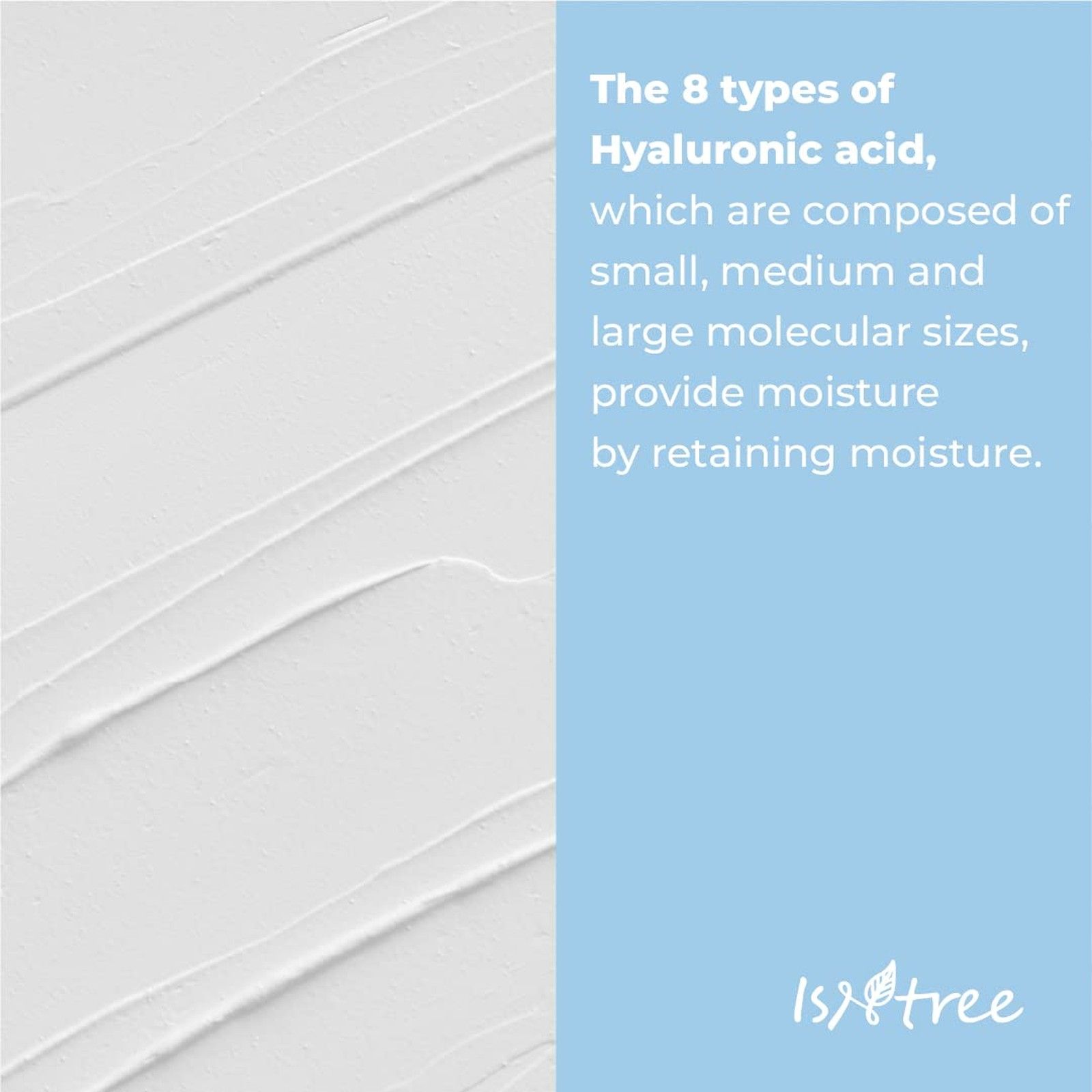 Texte sur 8 types d'acide hyaluronique pour l'hydratation. Texture blanche abstraite.