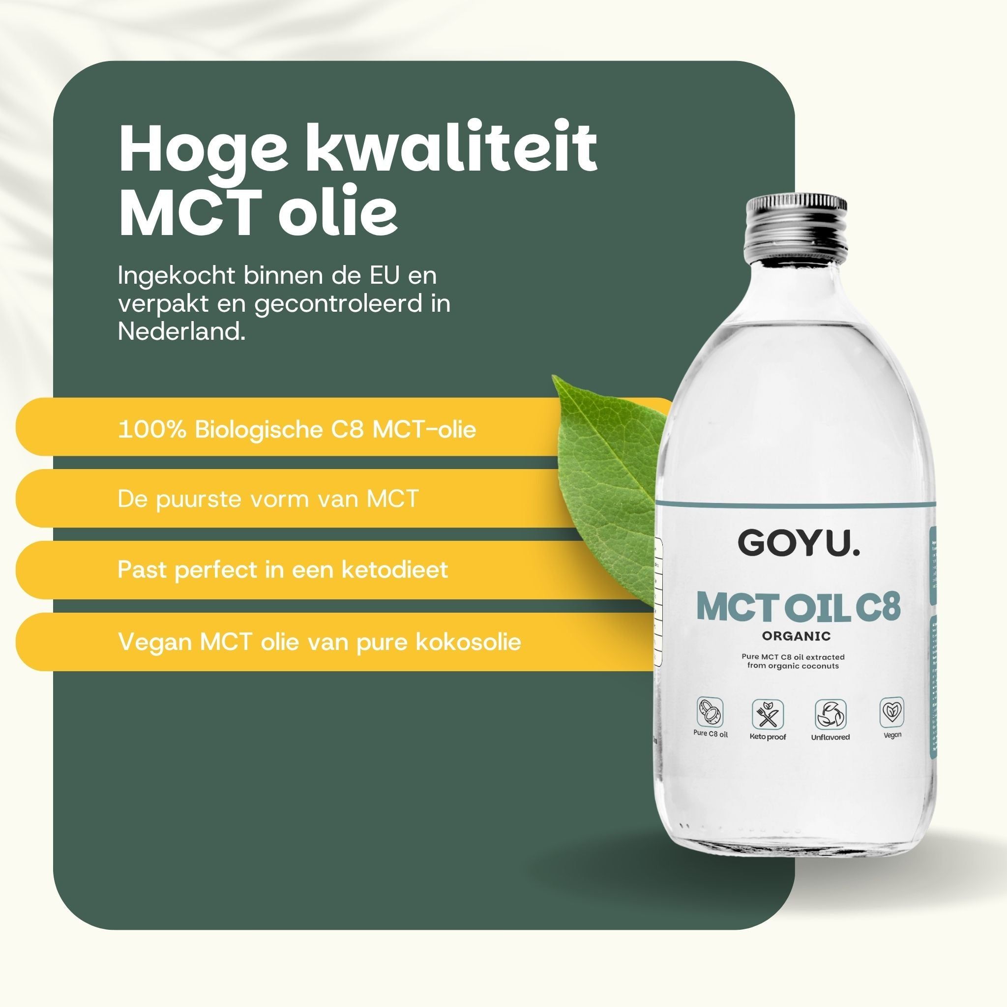 Fles MCT olie met tekst over natuurlijke energiebron.
