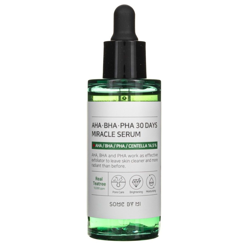 SOMEBYMI AHA-BHA-PHA 30 Days Miracle Serum fles met iconen voor huidverzorging en tea tree.