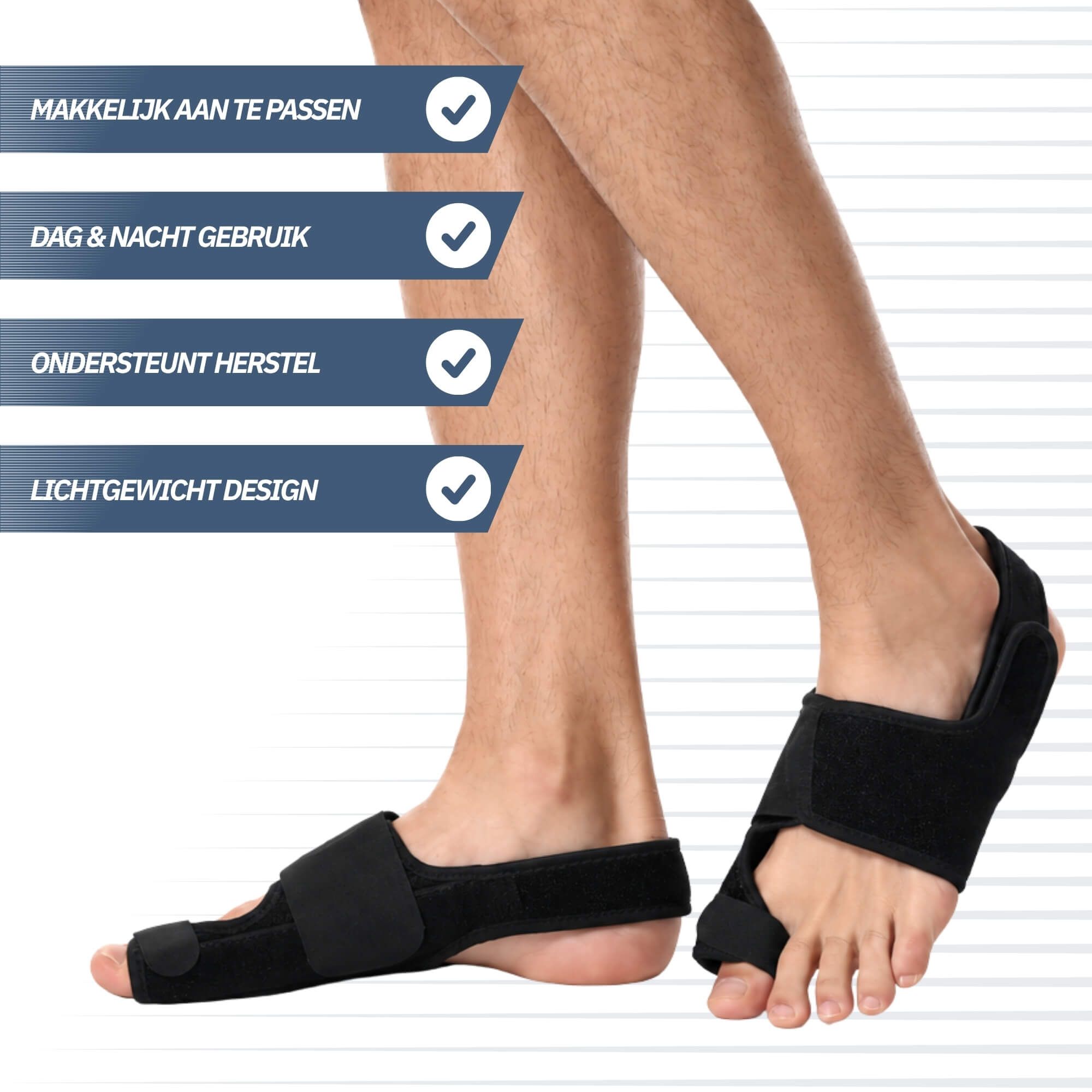 Zwarte hallux valgus spalk met klittenbandsluiting.