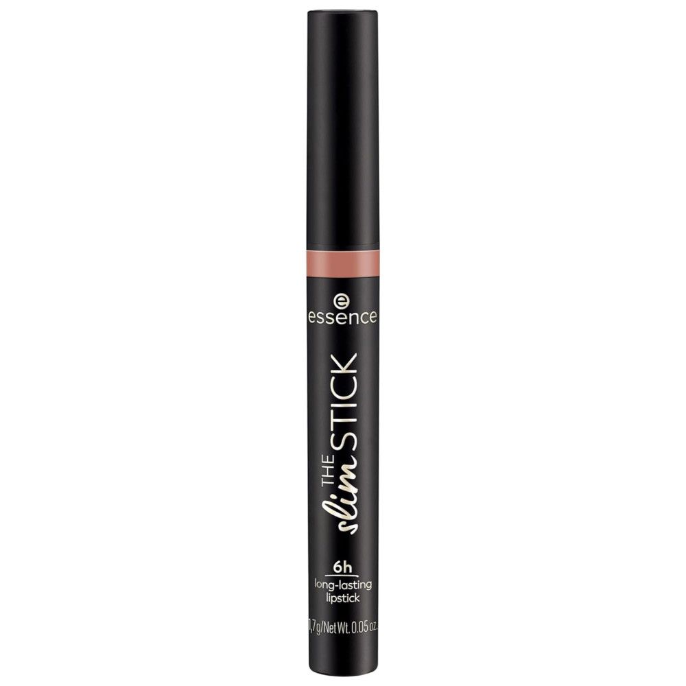 Rouge à lèvres Essence The Slim Stick, noir, ouvert. Inscription: Essence, The Slim Stick, 6h long-lasting lipstick.