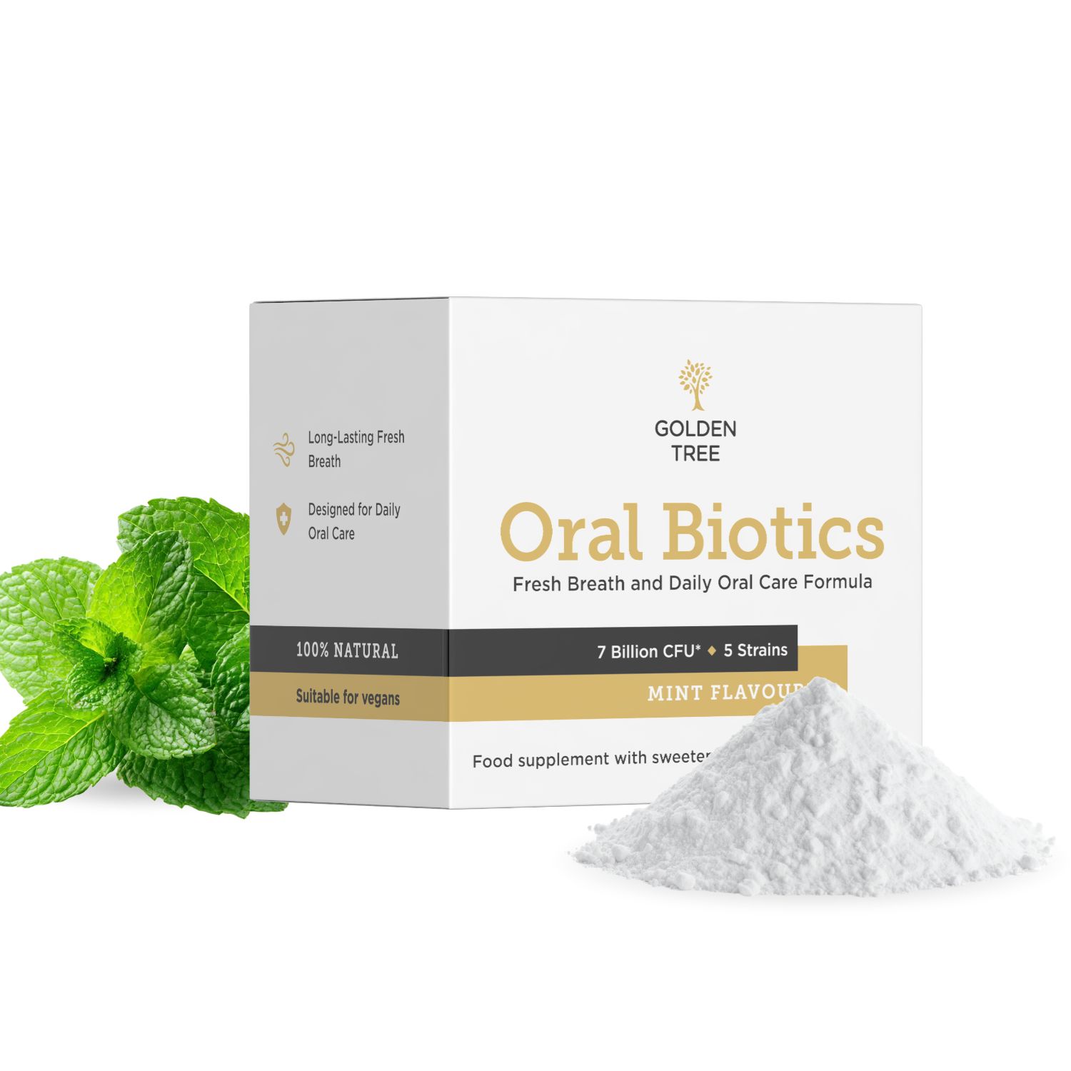 Boîte Golden Tree Oral Biotics avec poudre de menthe et feuilles de menthe fraîche.