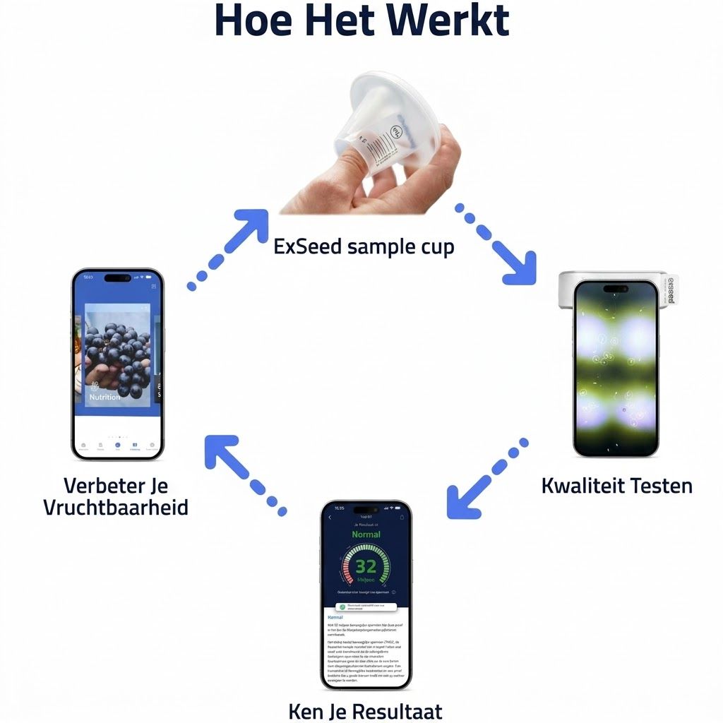 Diagram toont stappen voor vruchtbaarheidsanalyse met een monsterbeker en smartphone-apps voor kwaliteitscontrole en resultaatbepaling.