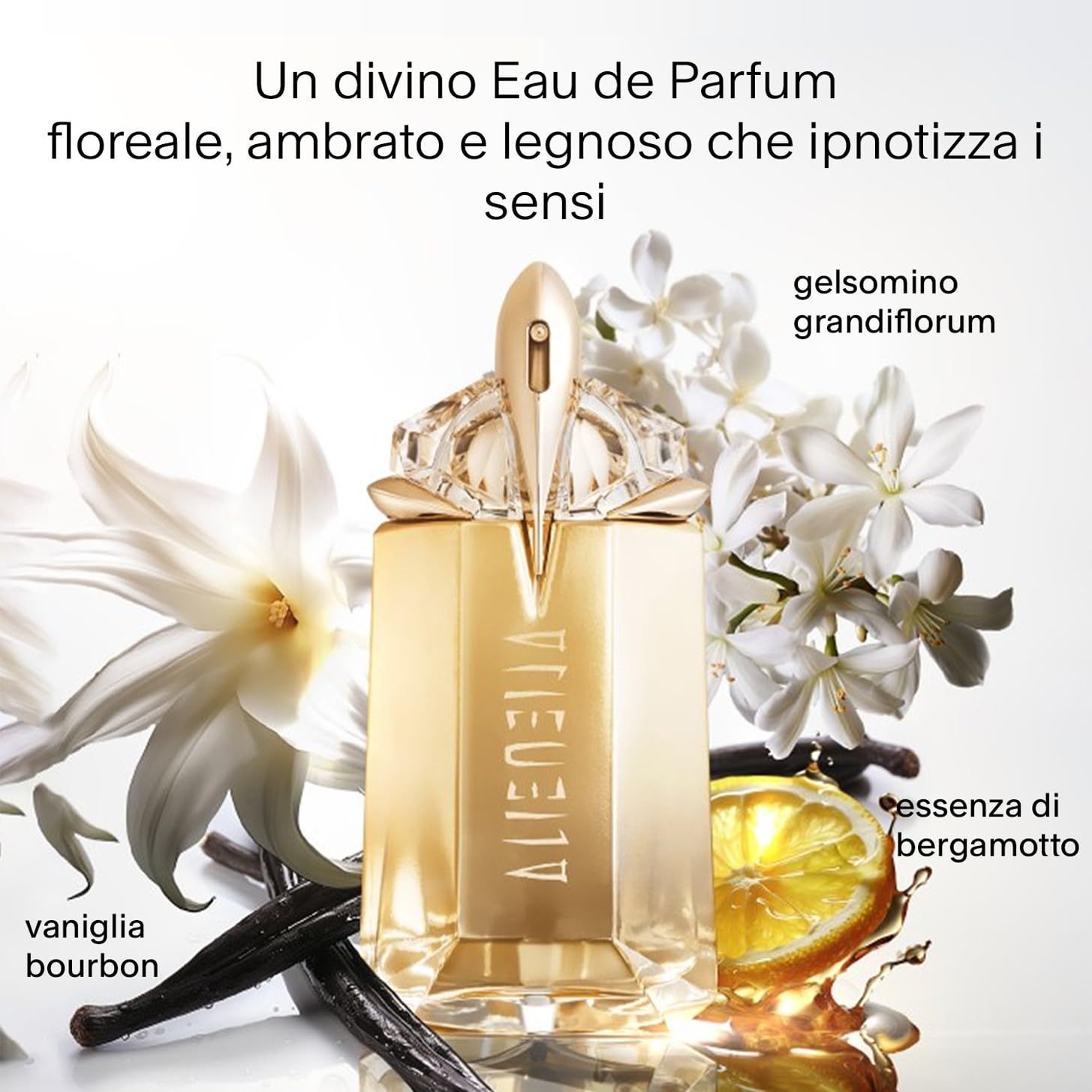 Flacon doré avec éléments floraux. Texte : Alien Goddess. Ingrédients : vanille, jasmin, bergamote.