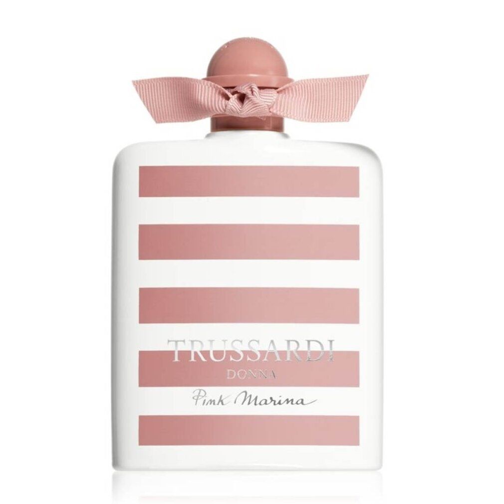 Wit-roze gestreepte fles met roze strik. Opschrift: TRUSSARDI DONNA Pink Marina.