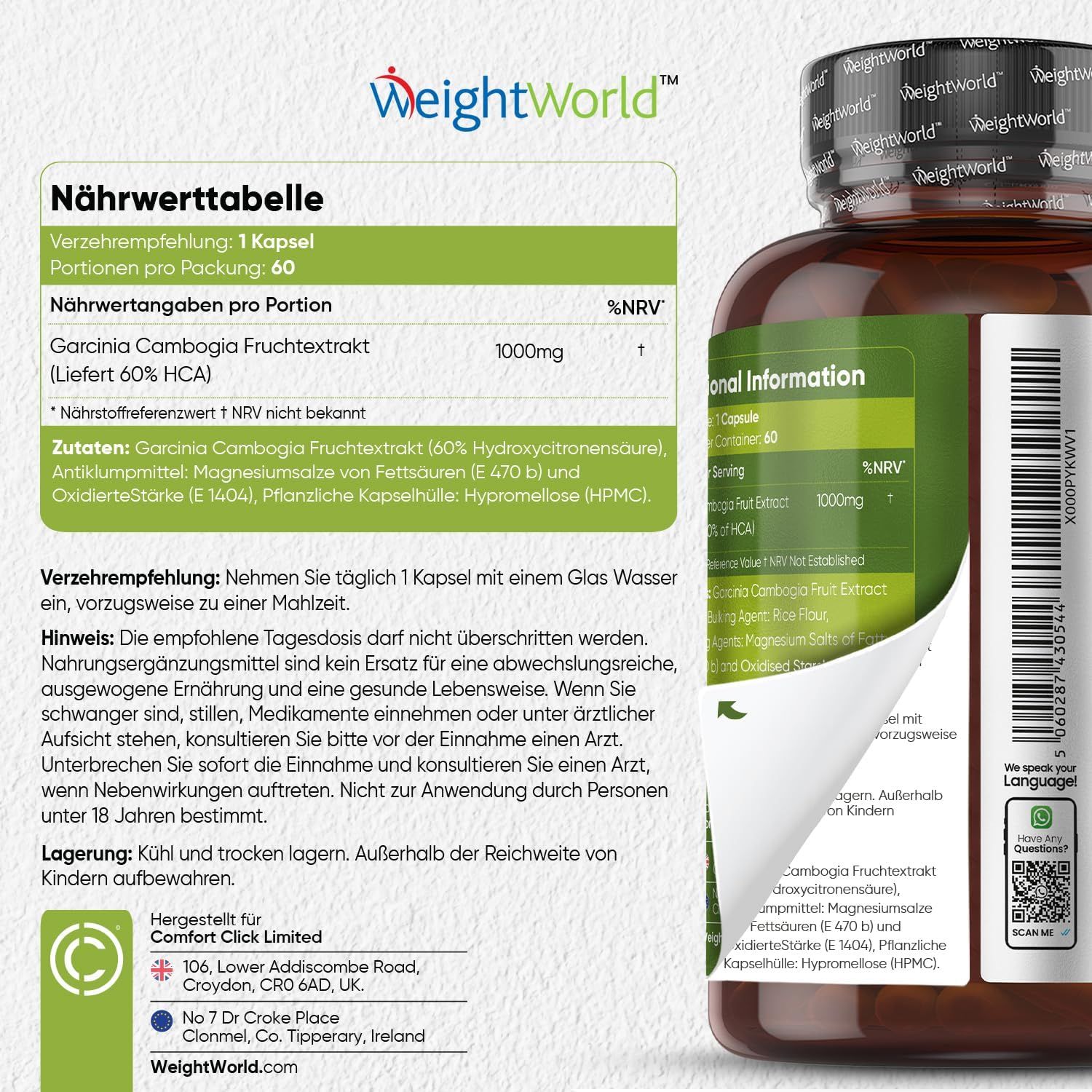 WeightWorld Garcinia Cambogia: voedingswaarde tabel, ingrediënten, gebruiksaanwijzing, opslag.
