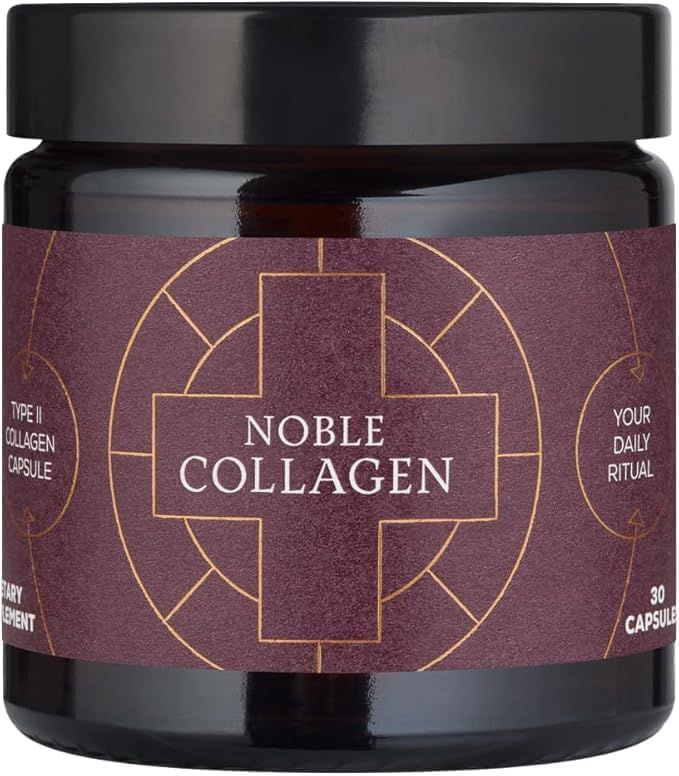 Noble Collagen Kapseln : Flacon en verre brun avec étiquette circulaire et symbole de croix. 30 gélules.