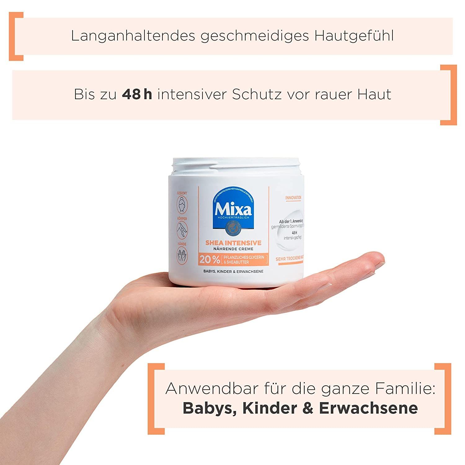 Hand houdt Mixa crème pot. Tekst: Tot 48u intensieve bescherming. Geschikt voor baby's, kinderen & volwassenen.