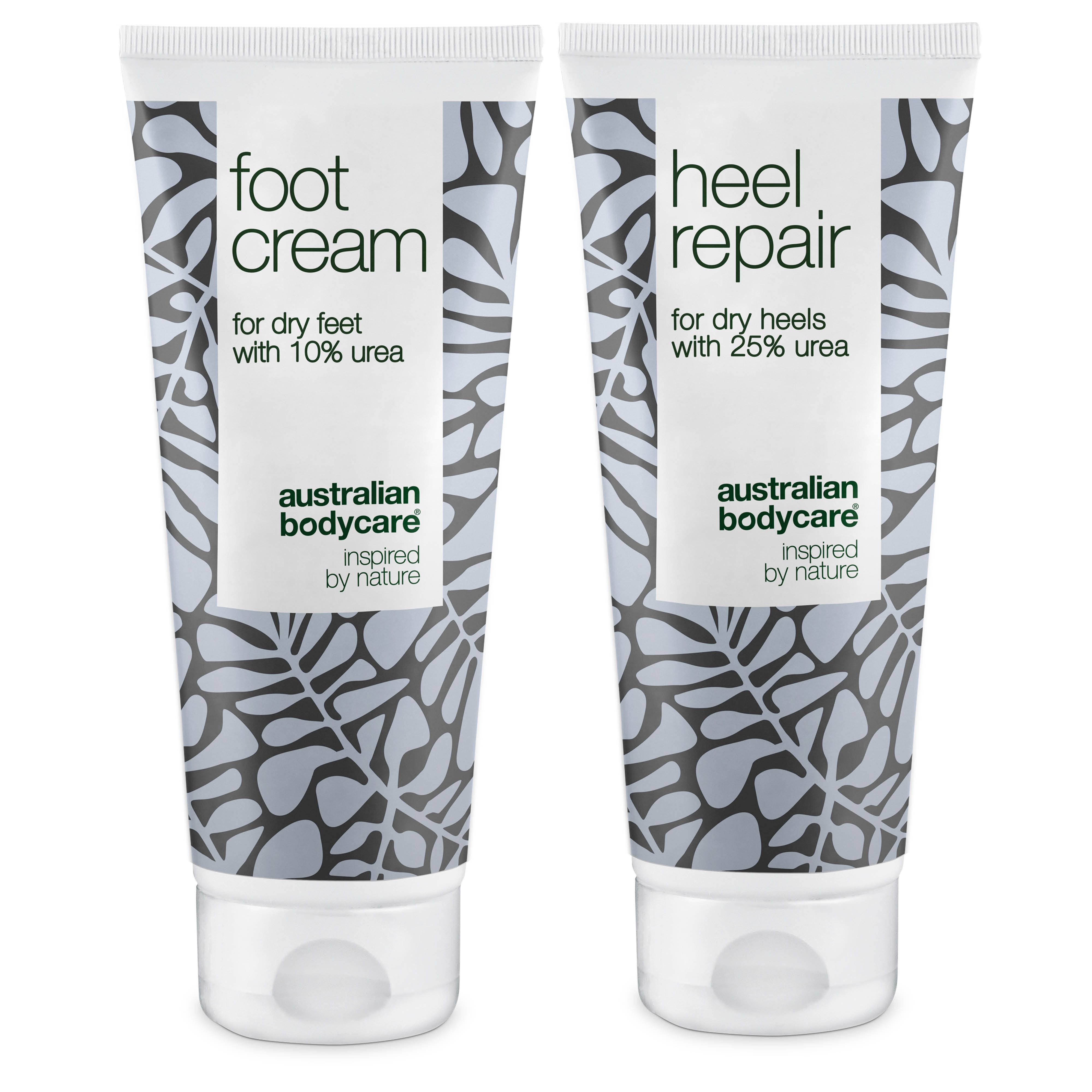 Deux tubes de crème pour les pieds et de réparation des talons. Tubes blancs avec motif floral et informations.