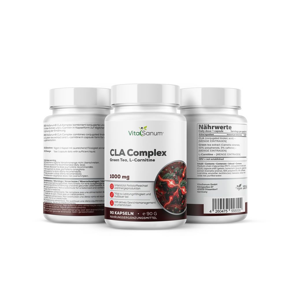Trois flacons de gélules VitaSanum CLA Complex. Flacon avant avec 1000 mg, 90 gélules. Arrières avec informations nutritionnelles.