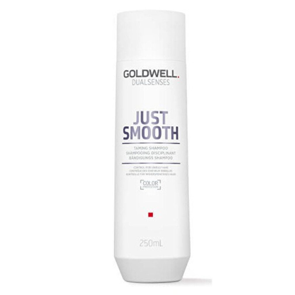 Flacon de shampooing Goldwell Dual Senses Just Smooth. Design cylindrique blanc avec bouchon blanc. Nom du produit et marque visibles.
