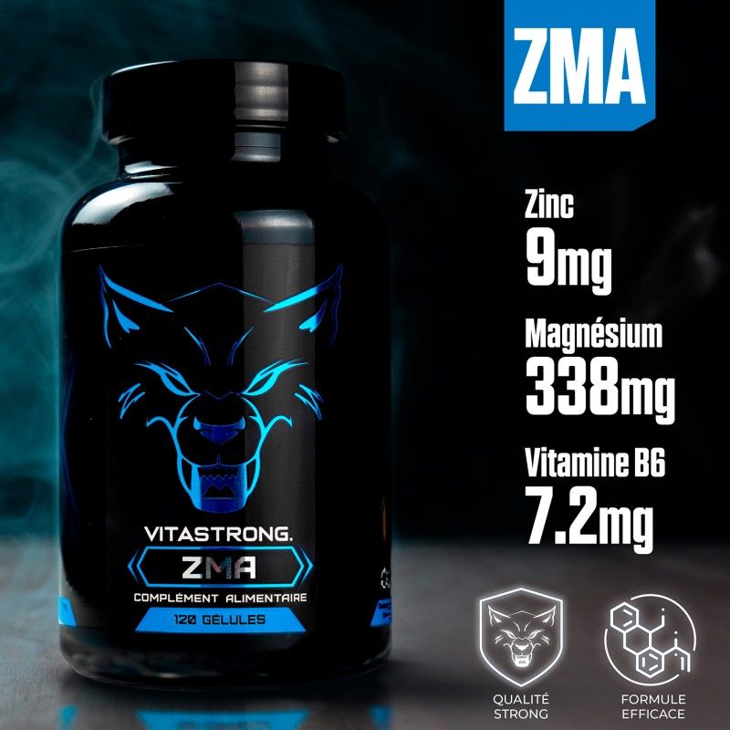 Zwarte fles met blauwe wolfsgrafiek. Voordelen: spiergroei, kracht, slaap, energie. Opschrift: Vitastrong ZMA.