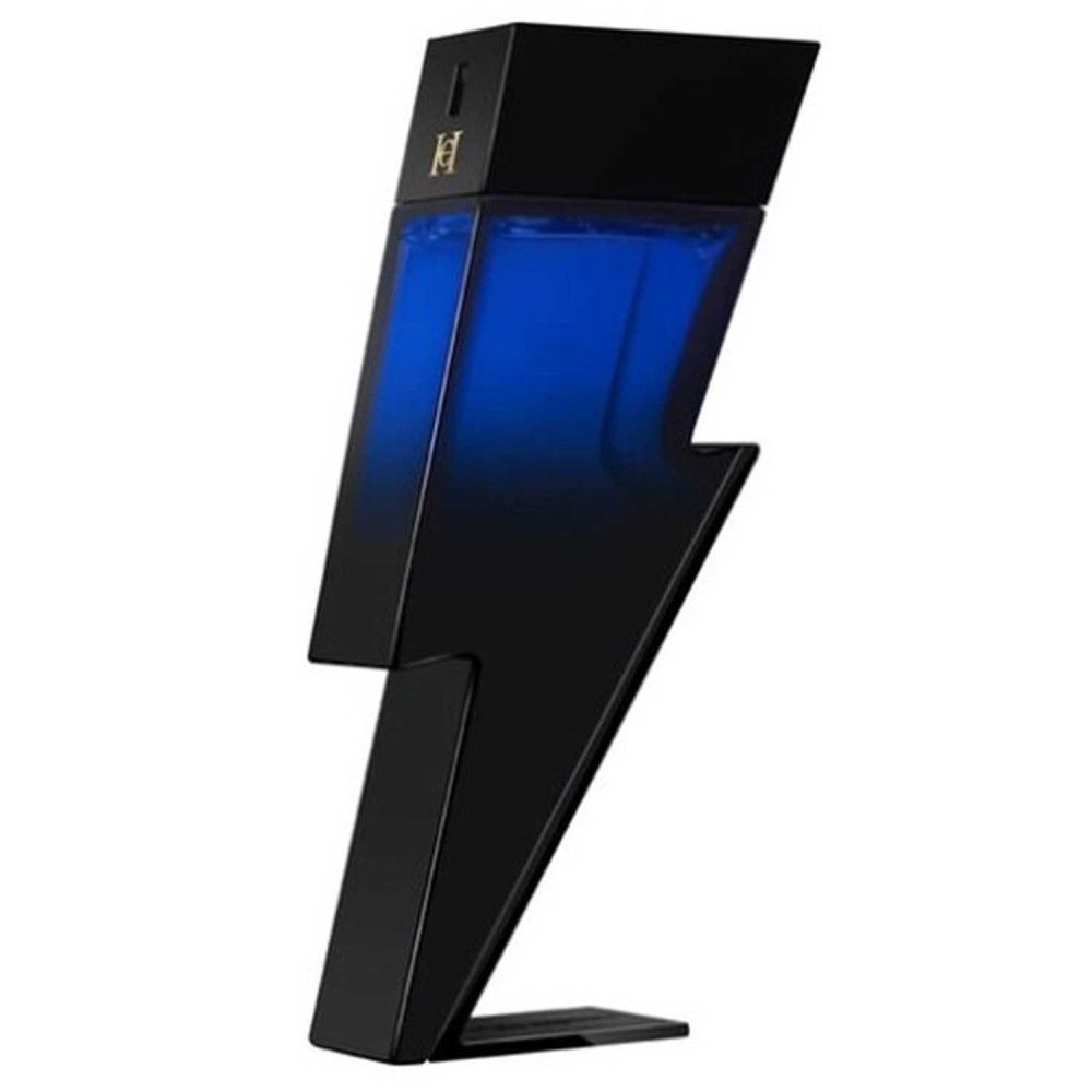 Flacon noir en forme d'éclair. Liquide bleu visible. Bouchon noir. Repose sur une petite base.