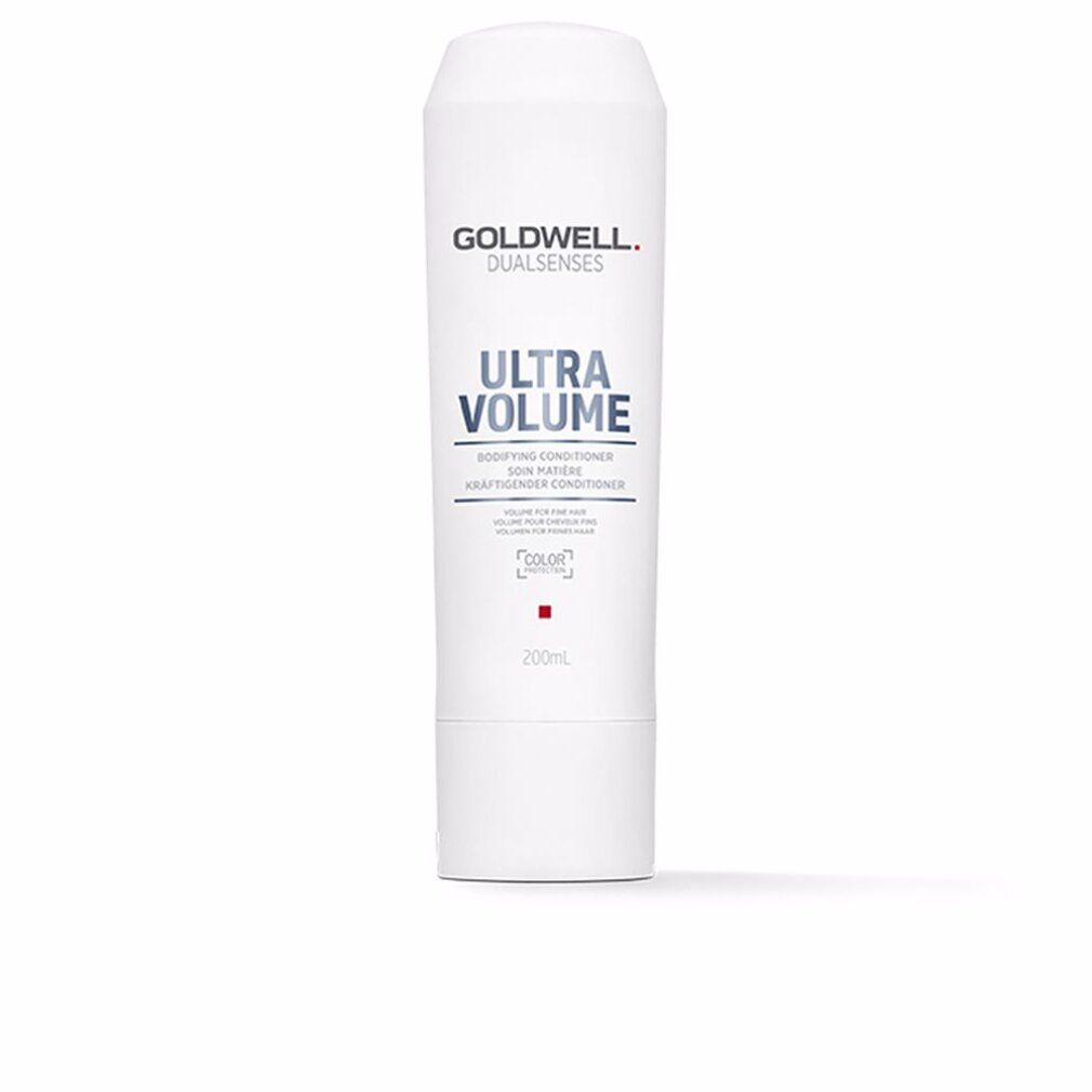 Goldwell Dual Senses Ultra Volume Conditioner. Flacon blanc, texte bleu. Contient 200 ml. Pour cheveux fins.
