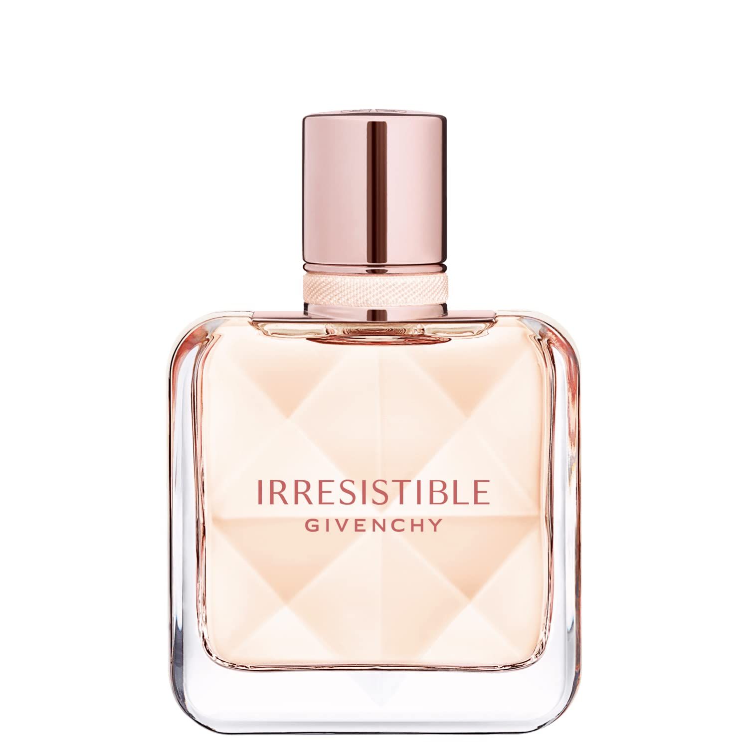 Parfumflesje Irresistible Givenchy. Vierkante vorm, helder glas, roségouden dop. Naam inscriptie op de voorkant.