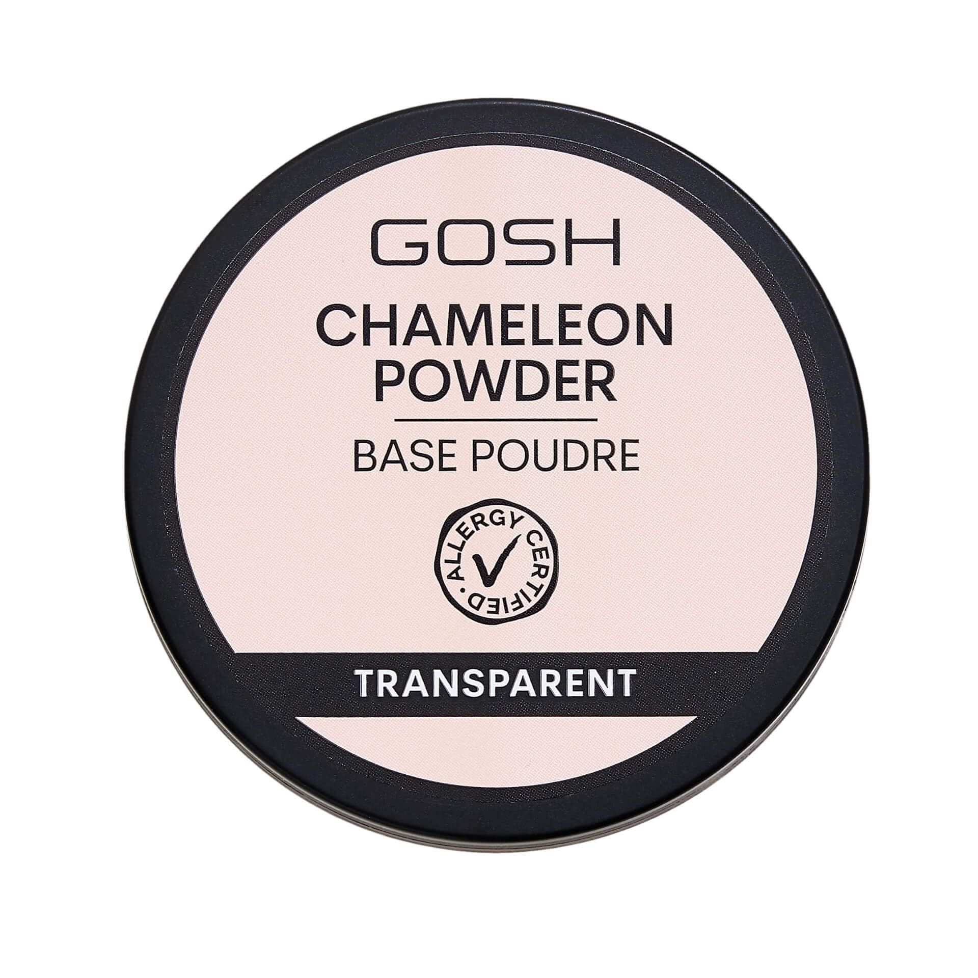 Boîte ronde de GOSH Chameleon Powder. Couvercle noir, texte blanc. Certification allergie. Transparent.