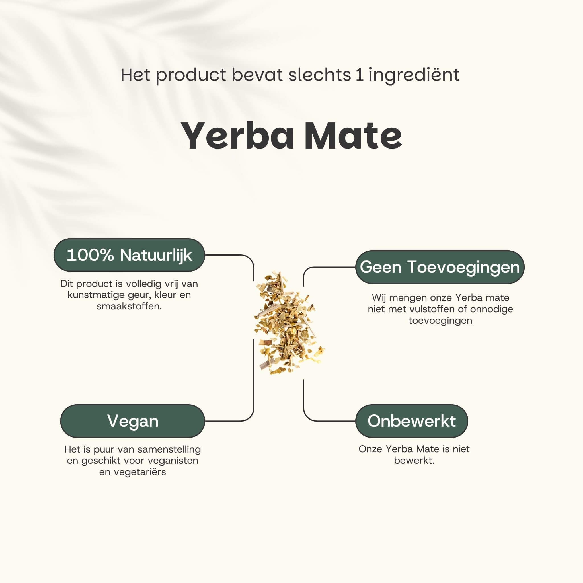 Grafiek met yerba mate. Tekst: Mate thee. Uitgelicht: 100% natuurlijk, veganistisch, geen toevoegingen, onbewerkt.