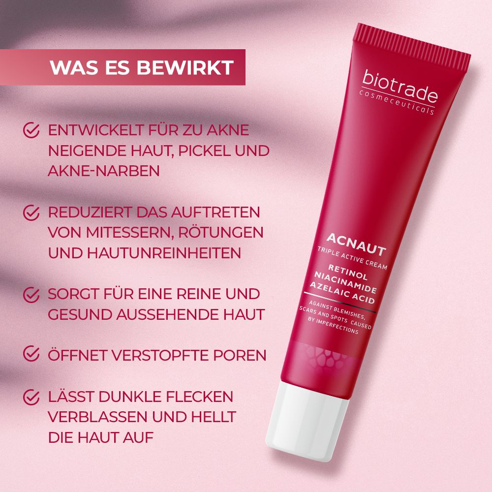 Tube rouge avec bouchon blanc. Texte: Biotrade, Acnaut Triple Active Cream. Contient du rétinol, de la niacinamide, de l'acide azélaïque. Fond rose.