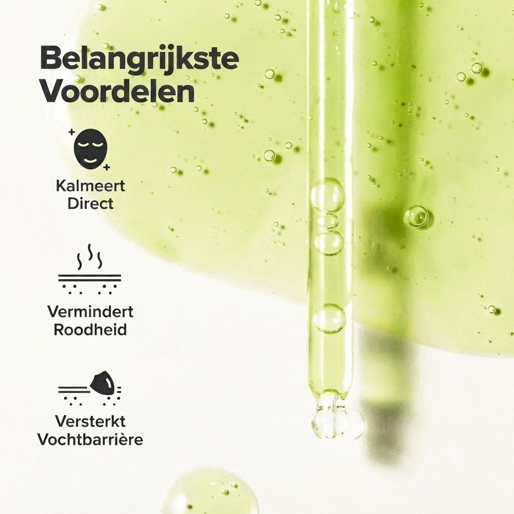 Groen serum met pipet, toont voordelen zoals directe kalmering, vermindering van roodheid en versterking van de huidbarrière.