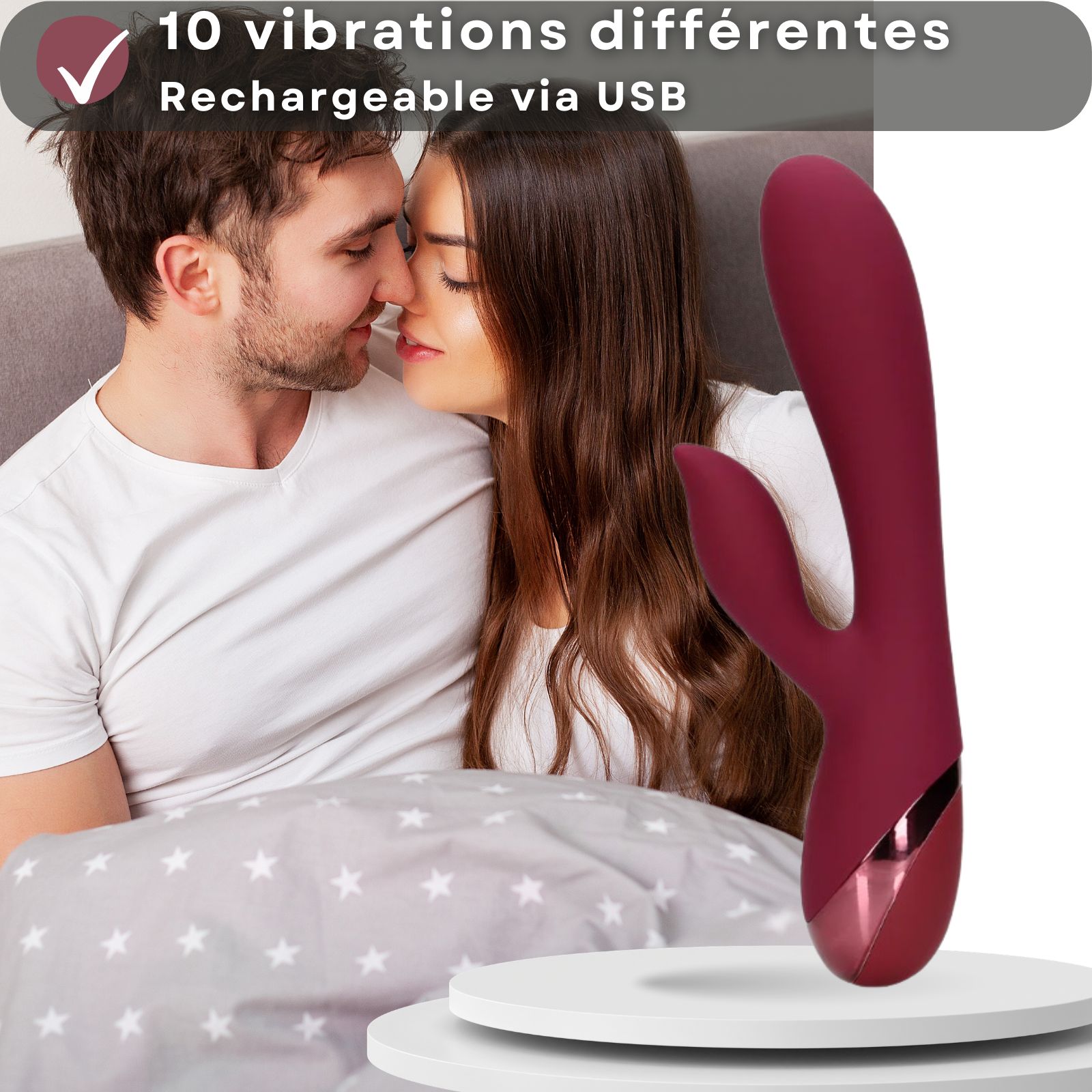 Vibrateur rouge en silicone. Texte: 10 vibrations, rechargeable USB.