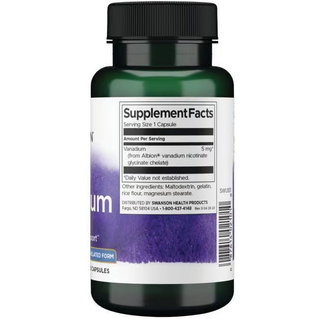 Dos d'un flacon vert avec bouchon noir. Étiquette avec informations nutritionnelles. Nom du produit: Albion Vanadium. Marque: SWANSON.