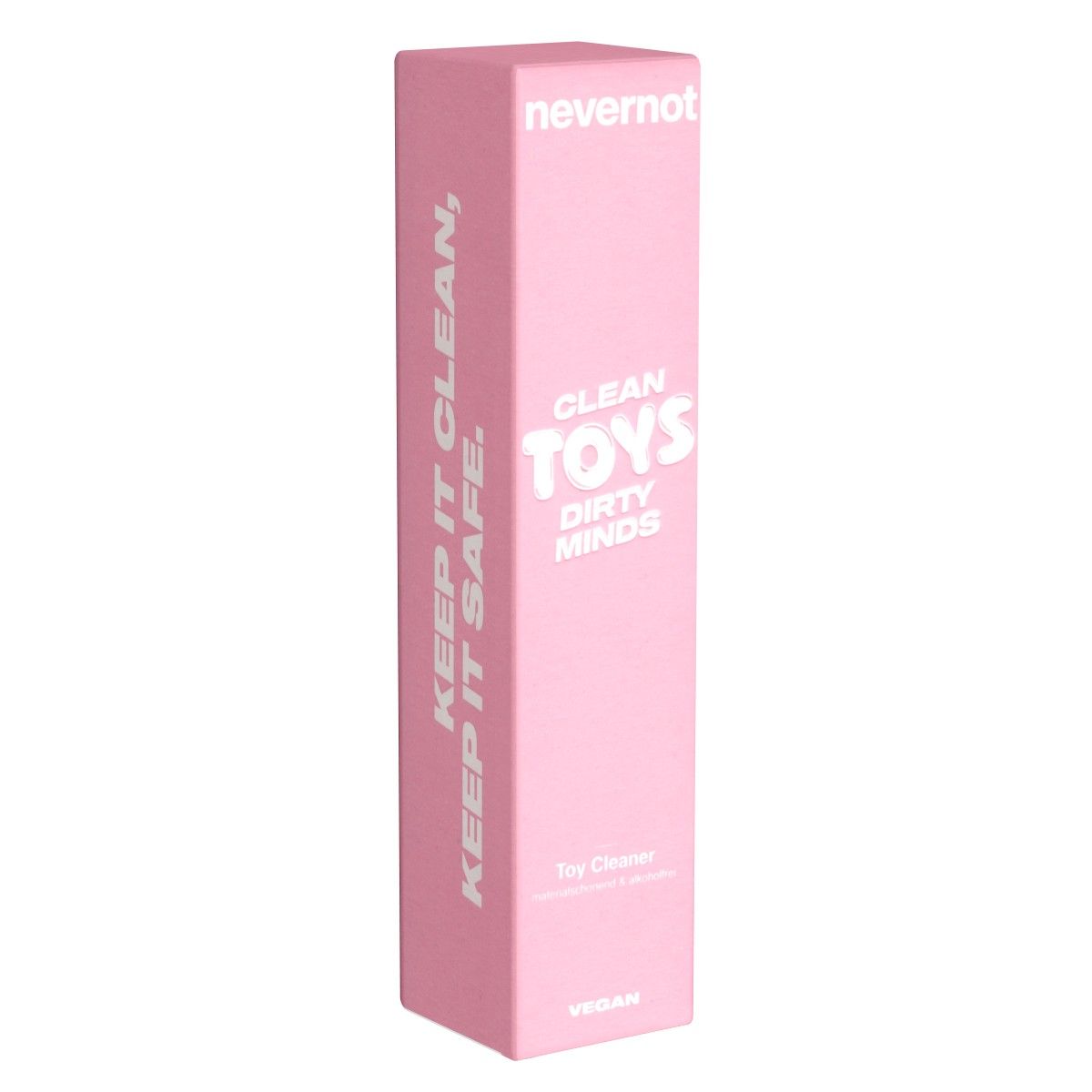 Roze verpakking met witte tekst. Merk "nevernot". Tekst "CLEAN TOYS DIRTY MINDS" en "Toy Cleaner". Vermelding "VEGAN".