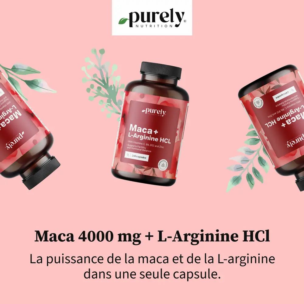 Plusieurs flacons avec capsules. Inscription: Maca + L-Arginine HCl. La puissance de la maca et de la L-arginine.