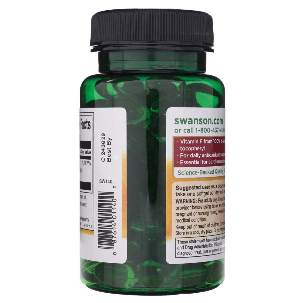 Zijkant van de fles met Swanson.com en informatie over vitamine E.